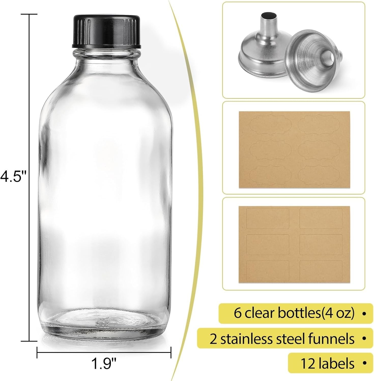 6 Pack, 4 oz Small Clear Glass Bottles with Lids & 2 Stainless Steel Funnels …