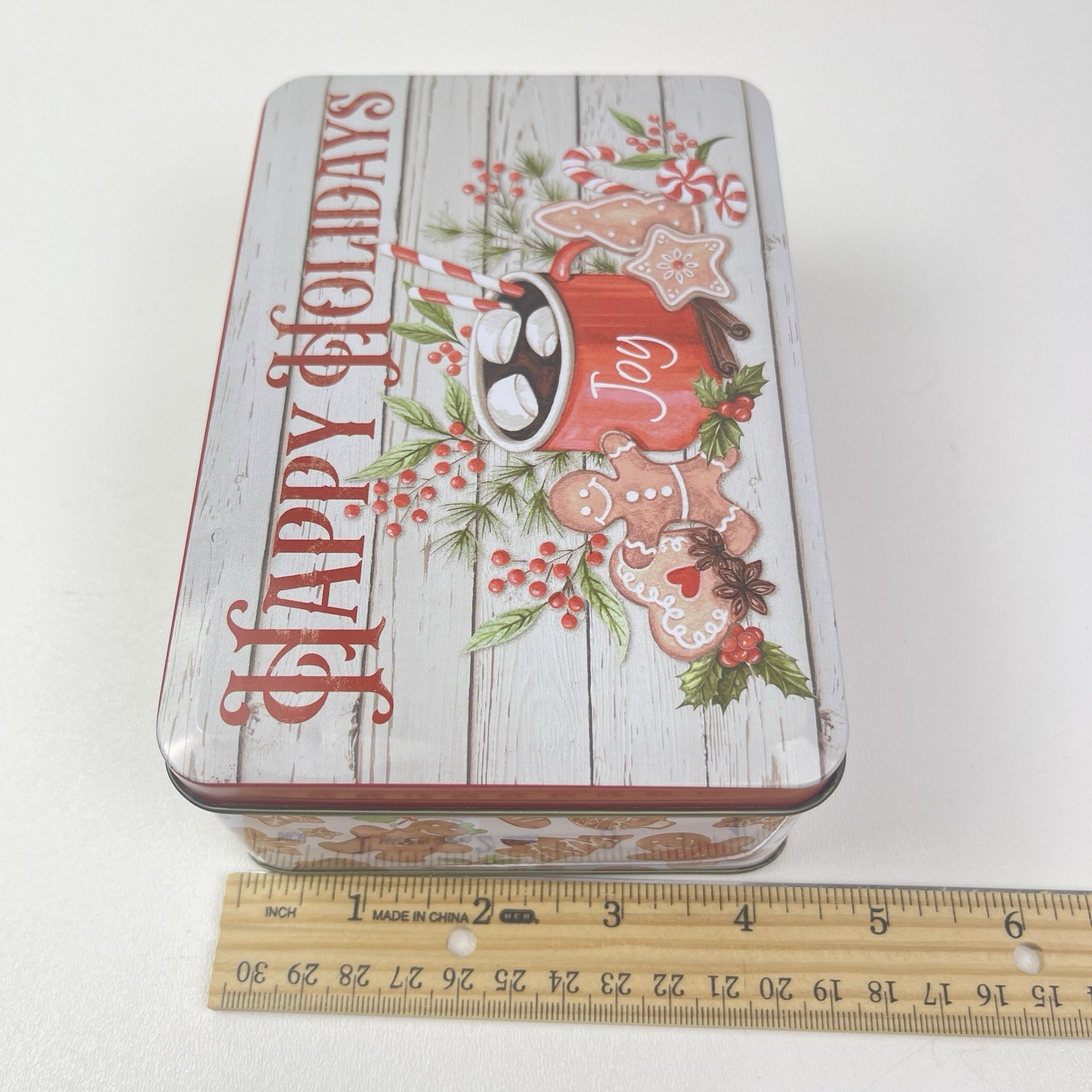 Happy Holidays Rectangle Metal Tin Canister Cookie Box Bin Container Empty