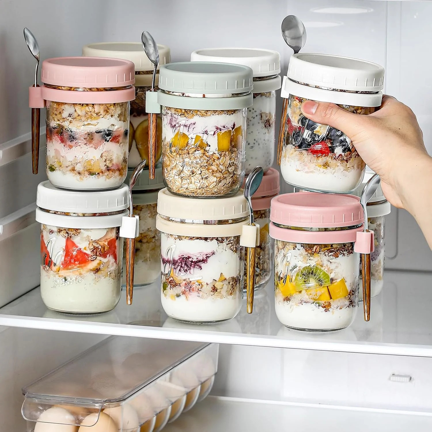 4 Pack Overnight Oats Containers with Lids and Spoons, 16 oz Glass Mason Jars wi