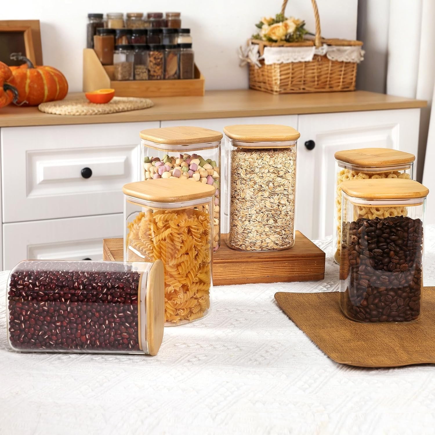 6 Pack 1.2qt Glass Storage Containers with Bamboo Press Lids, Airtight Pantry…