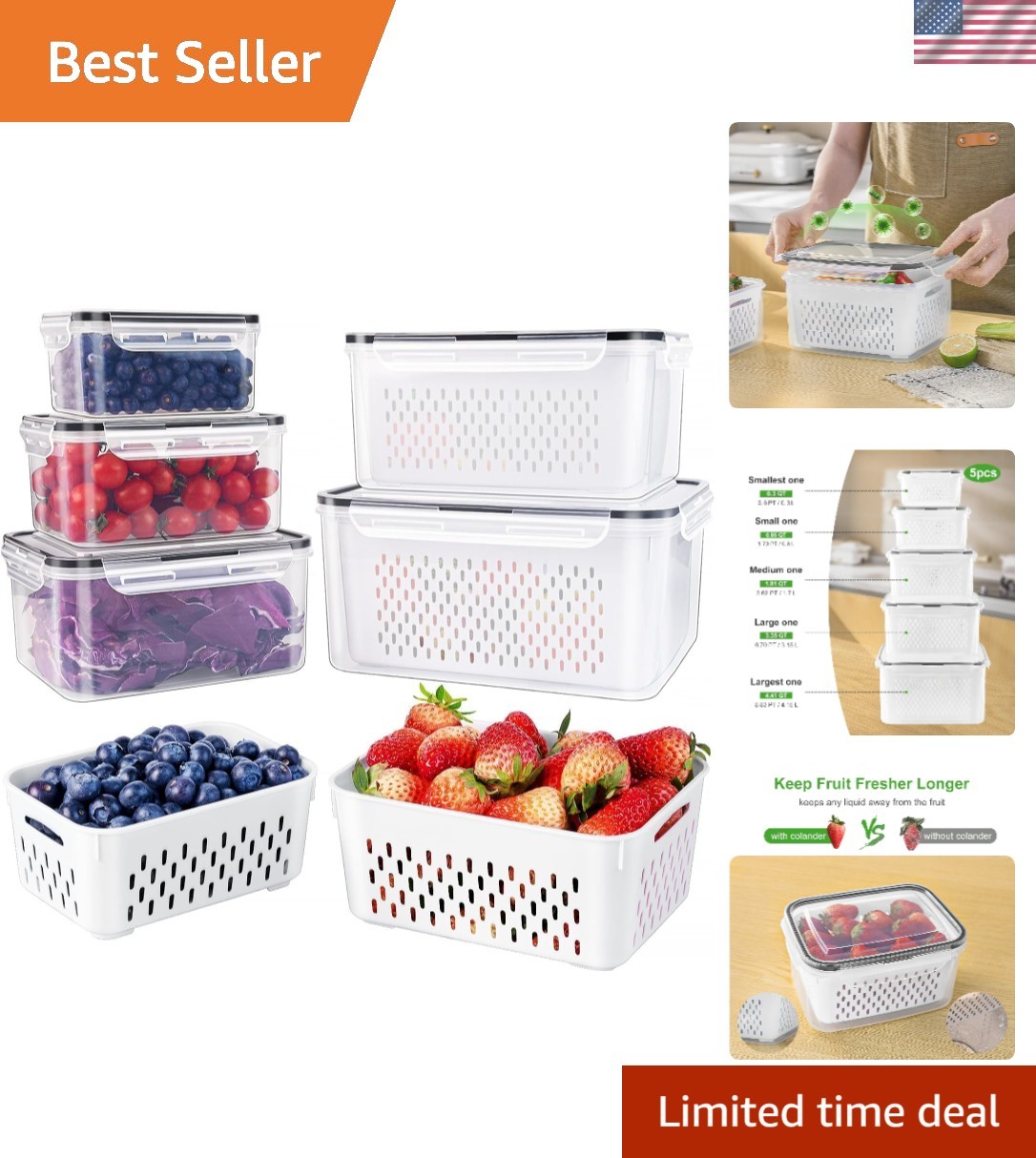 Large BPA-Free Food Storage Containers with Colander – Keeps Food Fresh Longer