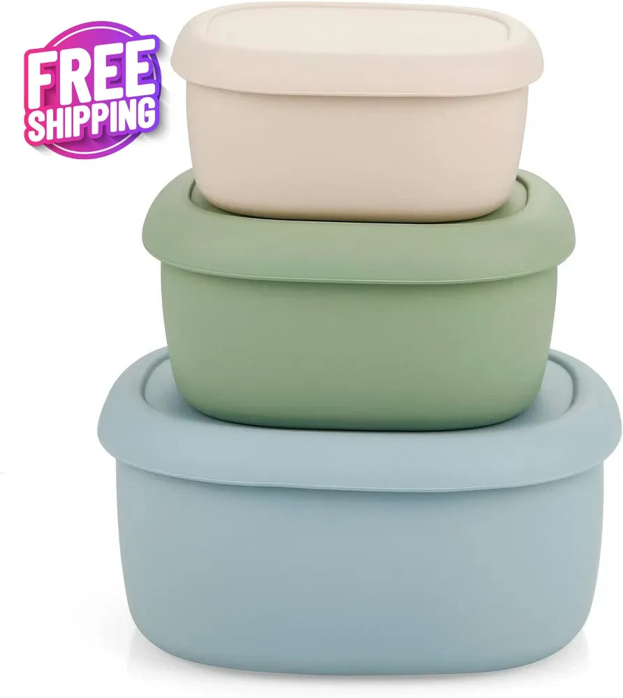 3 Pack Silicone Storage Containers with Lids, Reusable Nesting Lunch Bento Box