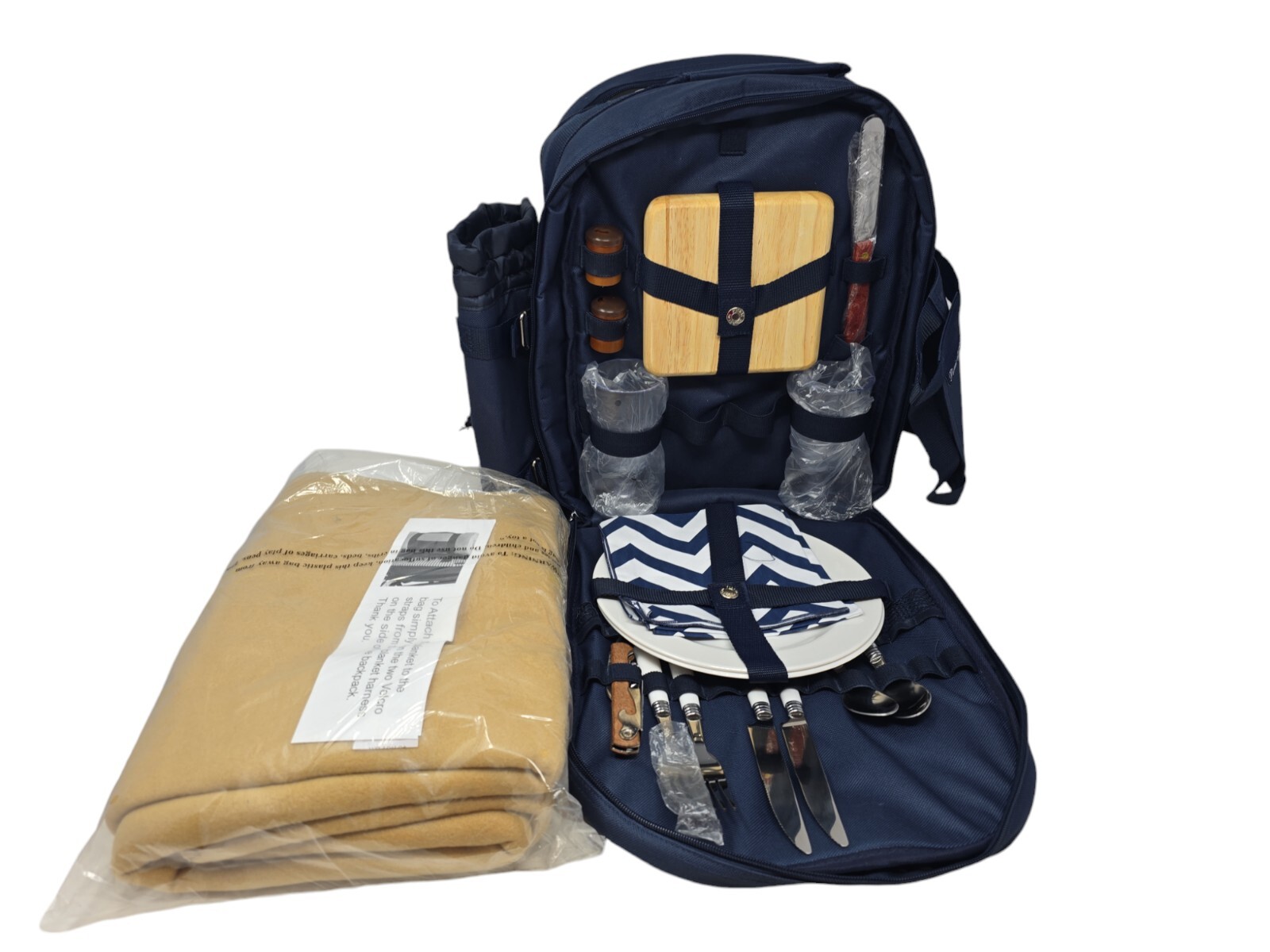 Deluxe 080X-SCB Equipped 2-Person Picnic Backpack W/Blanket in Navy & Chevron