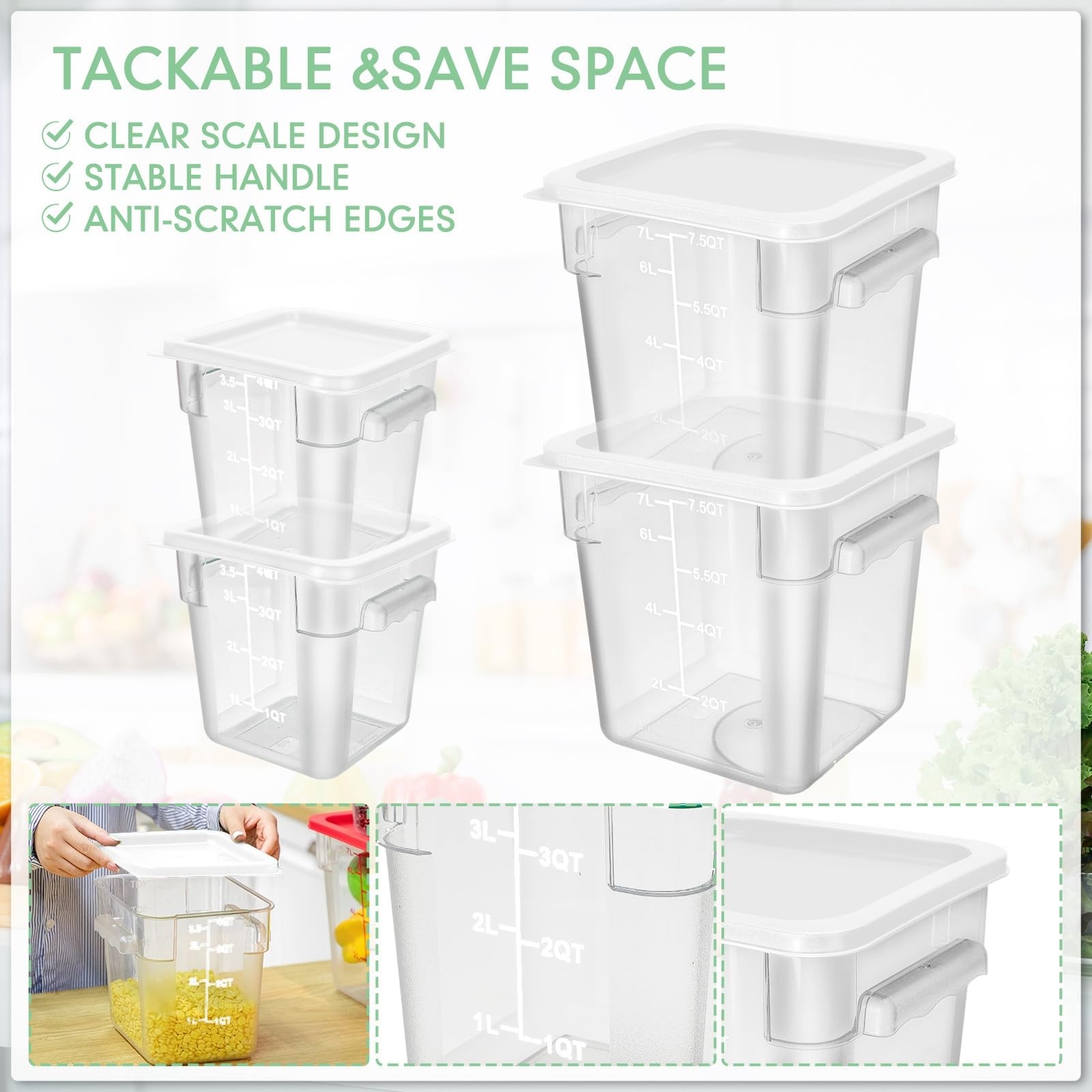 4 Pcs 8qt & 4qt Clear Food Storage Containers with Lids Handles and Scales, S…