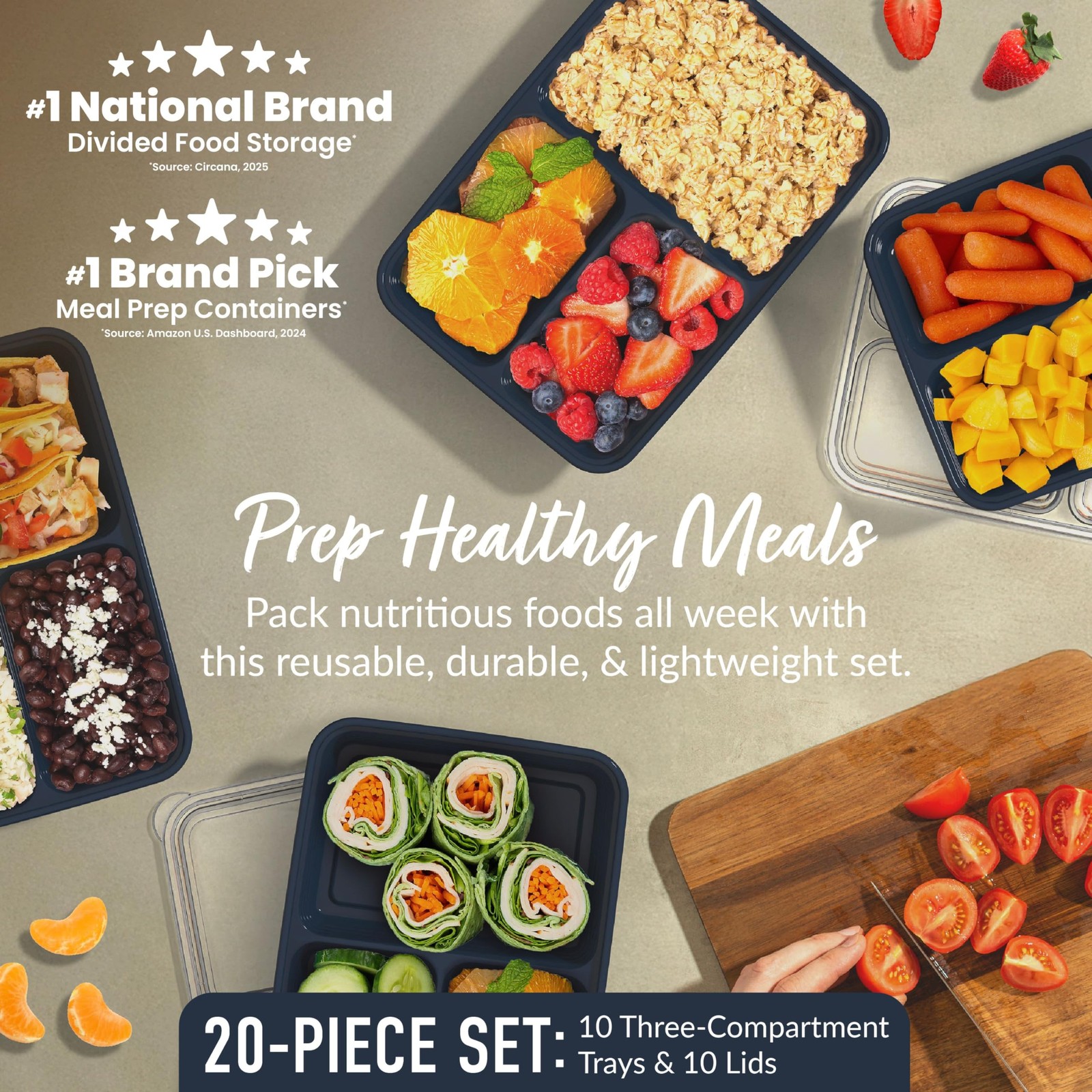 Prep – 20-Piece 3-Compartment Reusable Meal Prep Containers with Lids, PFAS &…