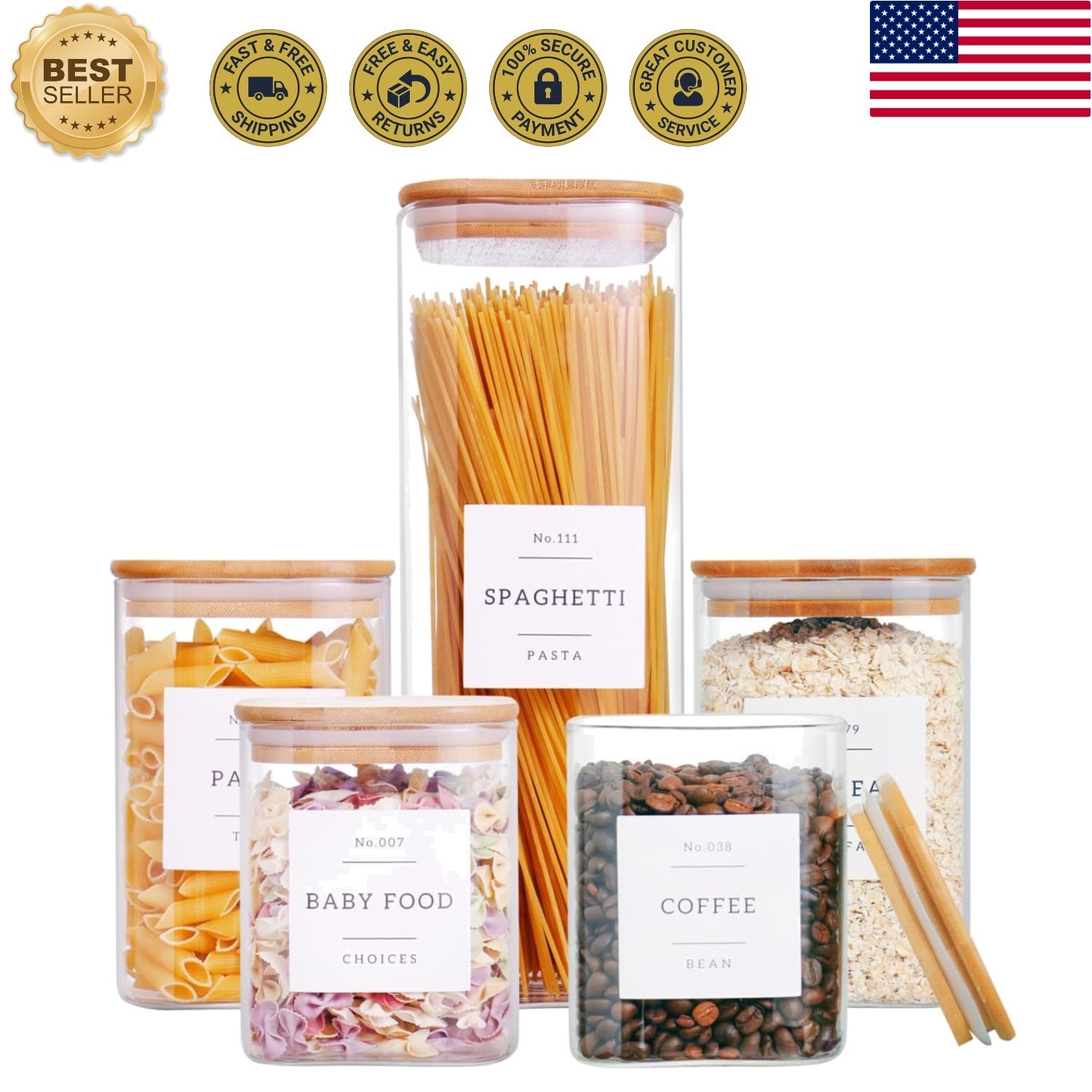 5 Pack Square Glass Pantry Storage Containers with 132 Kitchen Food Pantry La…