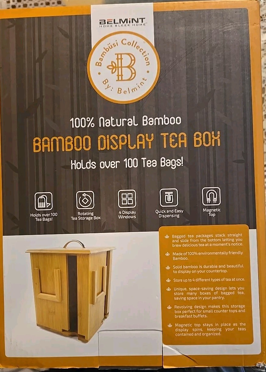 Bamboo Tea Box Storage Organizer 4 Sections Wood Packet Container Spin*read*