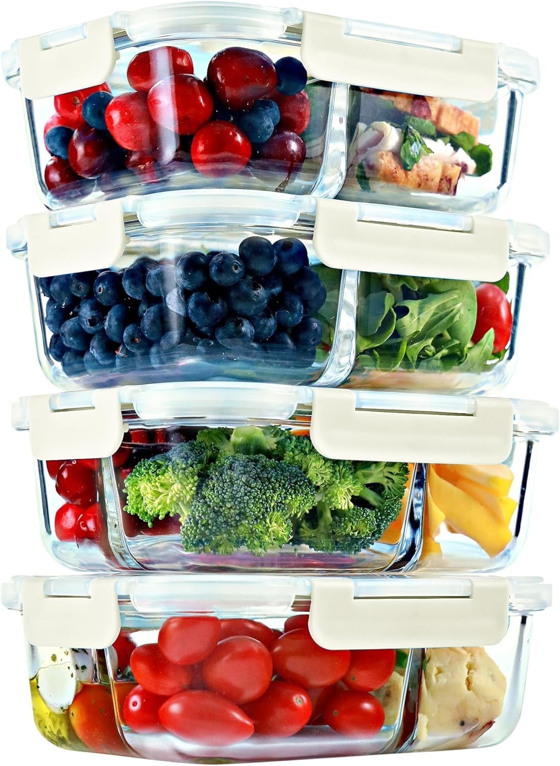 2 & 3 Compartment Glass Meal Prep Containers 4 Pack 32 oz Glass Food Storage