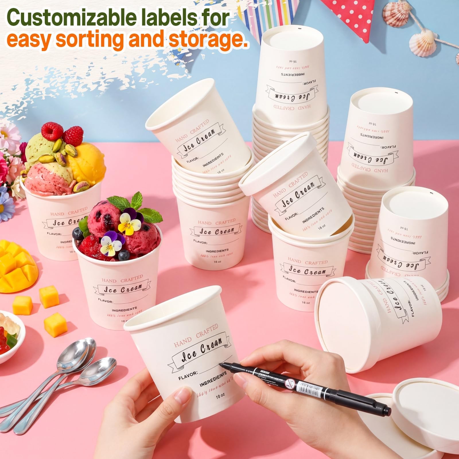 50 Pack 16 oz Ice Cream Containers with Lids, Pint Ice Cream Cups with Lids, …