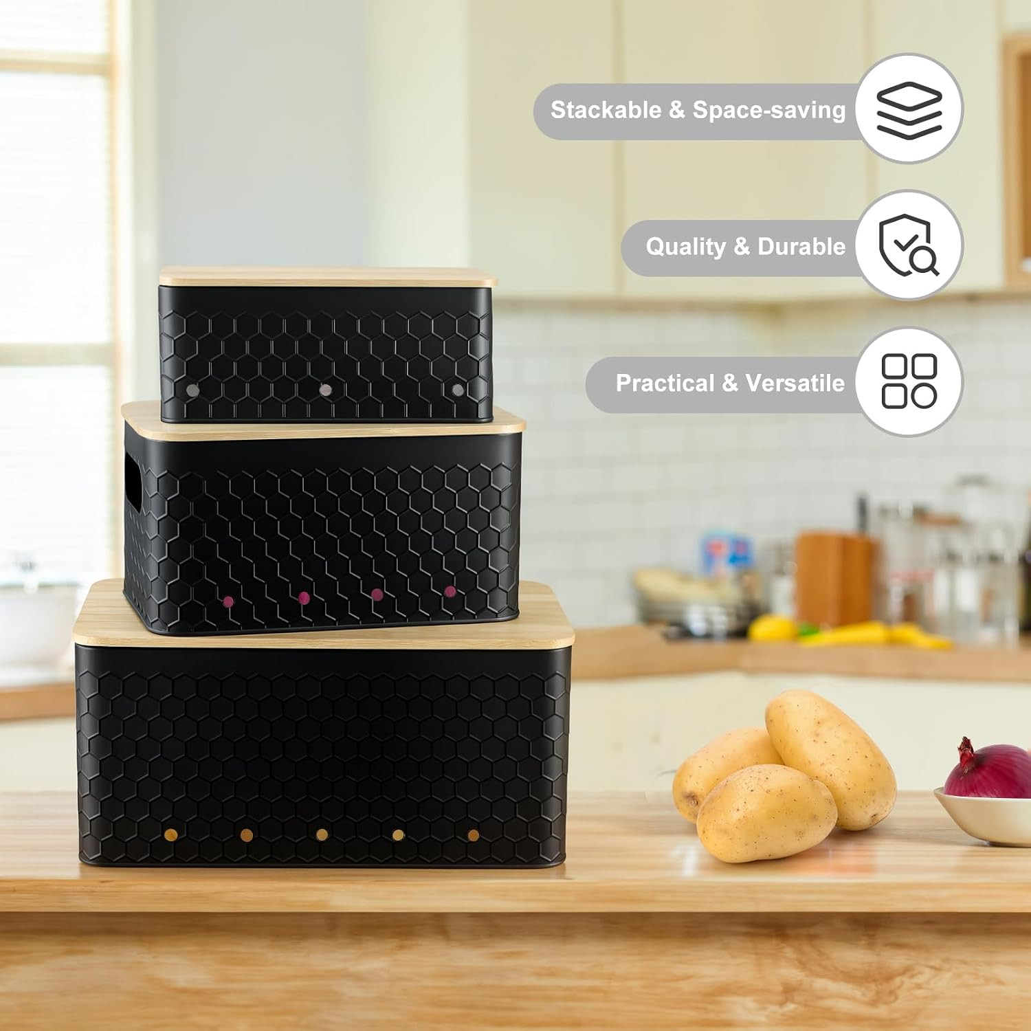 Kitchen Vegetable Storage Set of 3, Metal Onion Garlic Potato Storage Set, Kitch
