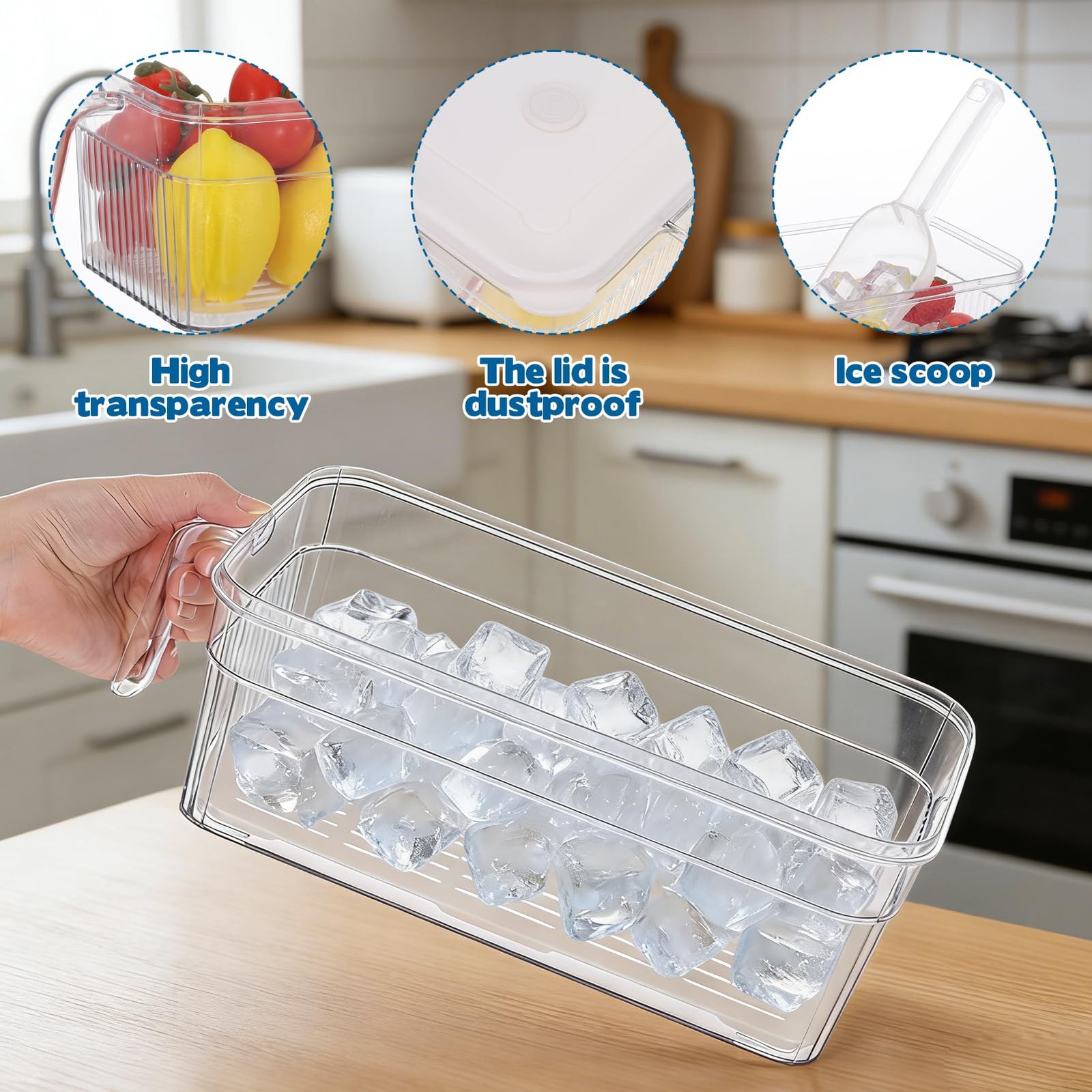 2 Set Ice Bin for Freezer with Lid and 2 Scoop Set Plastic Freezer Ice Bin wi…