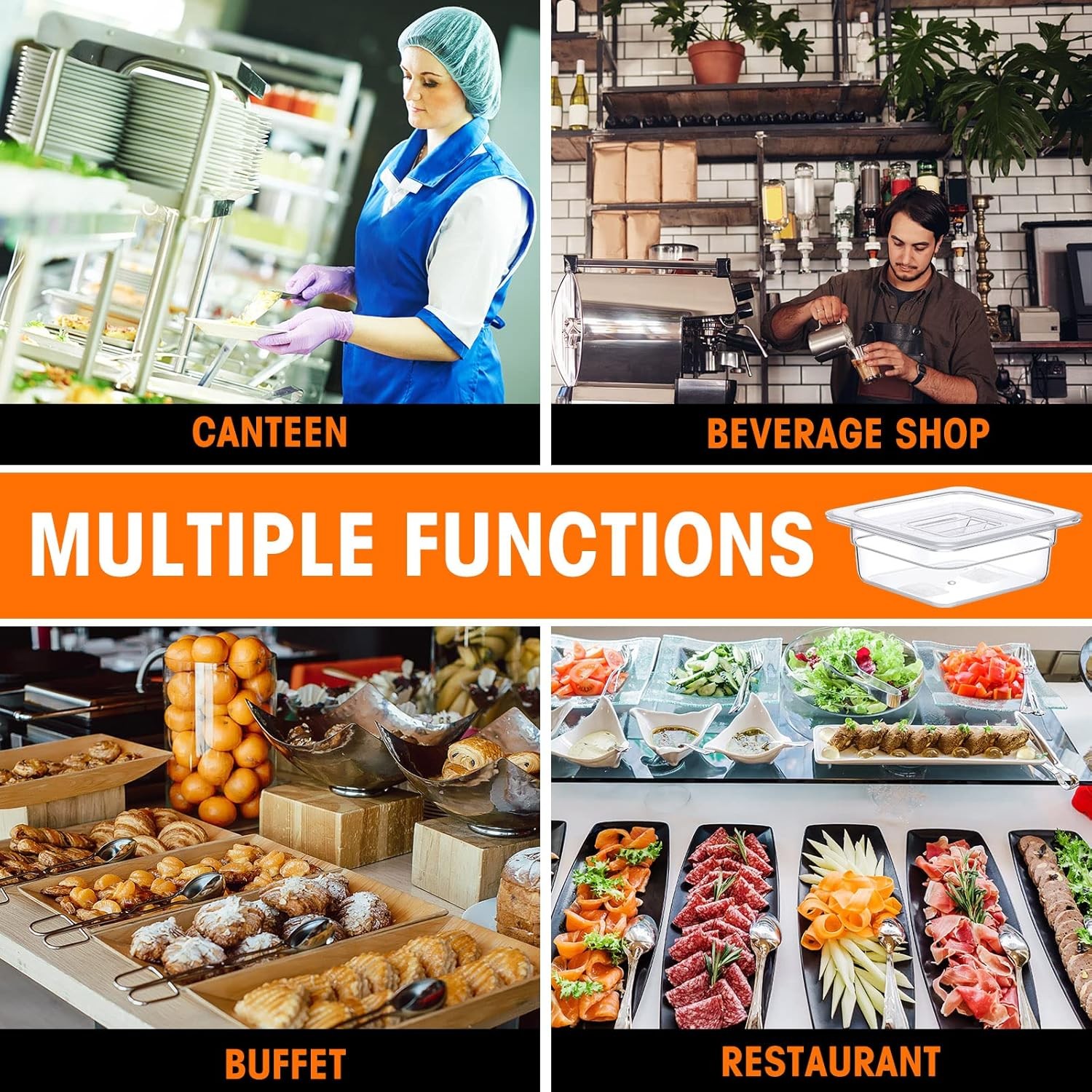 Contenedores 1/6 transparentes con tapa para alimentos, cocina y buffet