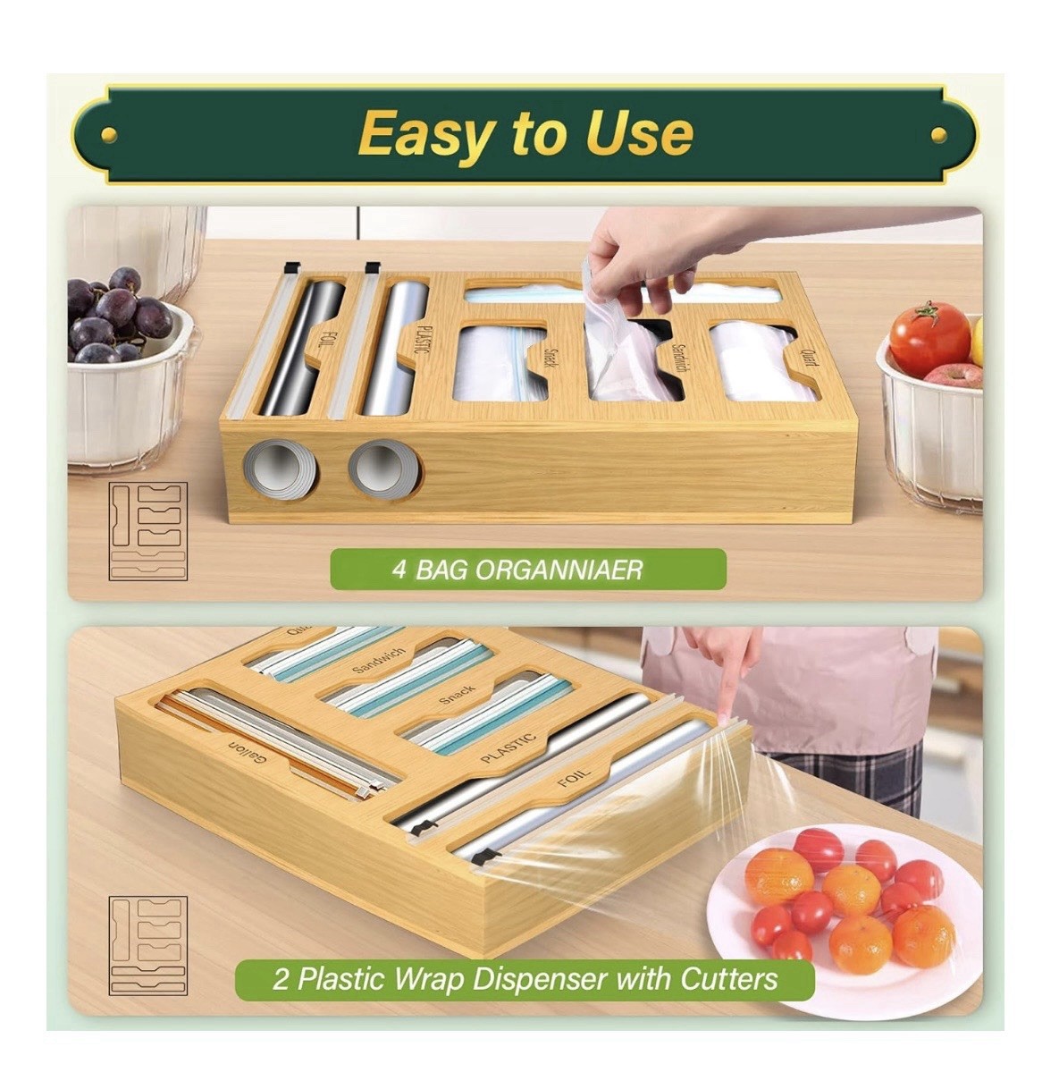KOCWELL Bag Organizer Plastic Wrap Dispenser Cutter 6 In 1 Bamboo Kitchen Drawer