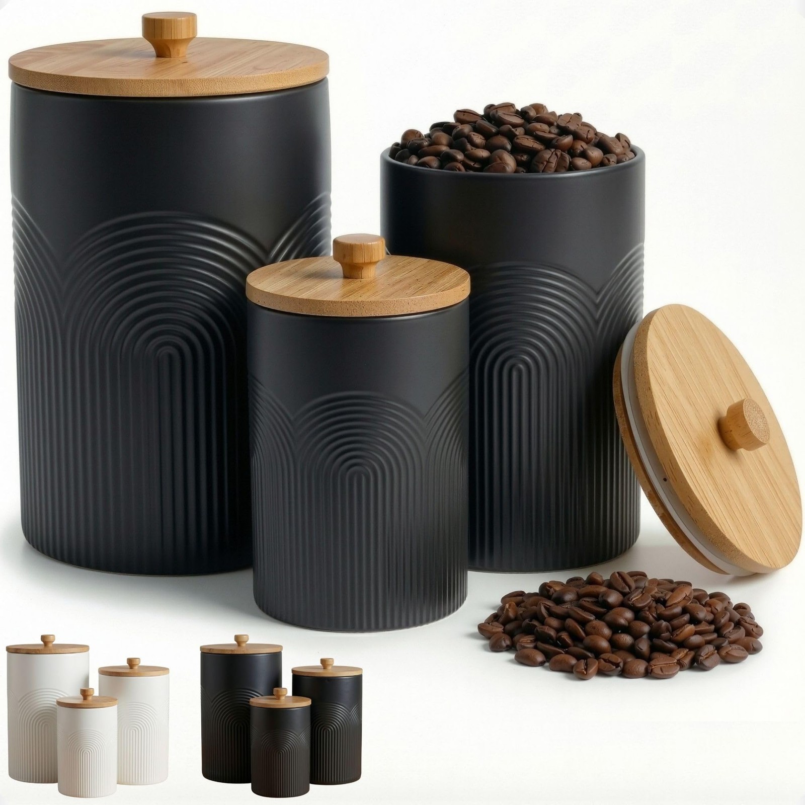 Ceramic Kitchen Canisters for Countertop Set of 3 with Airtight Lids – Black …