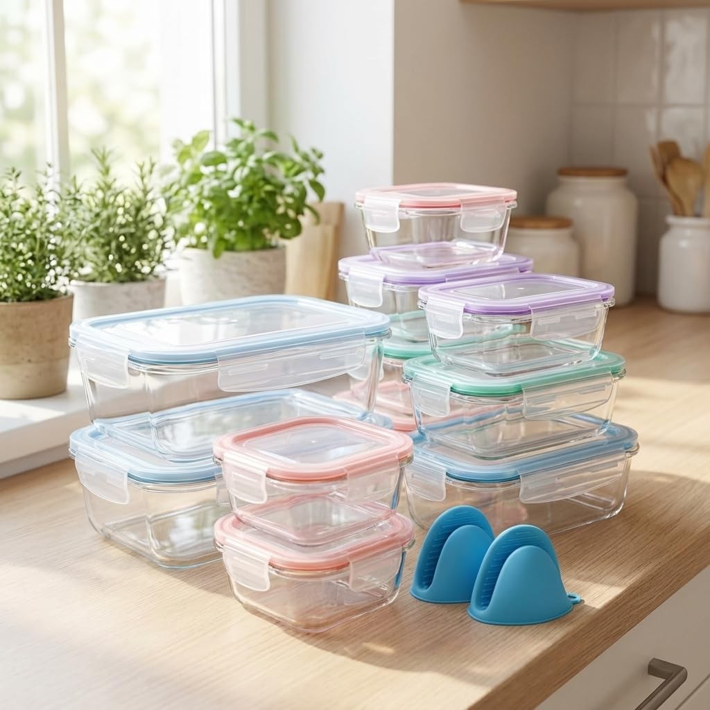 20 Pc Glass Food Storage Containers with Snap Lock Lids, Airtight & Leakproof…