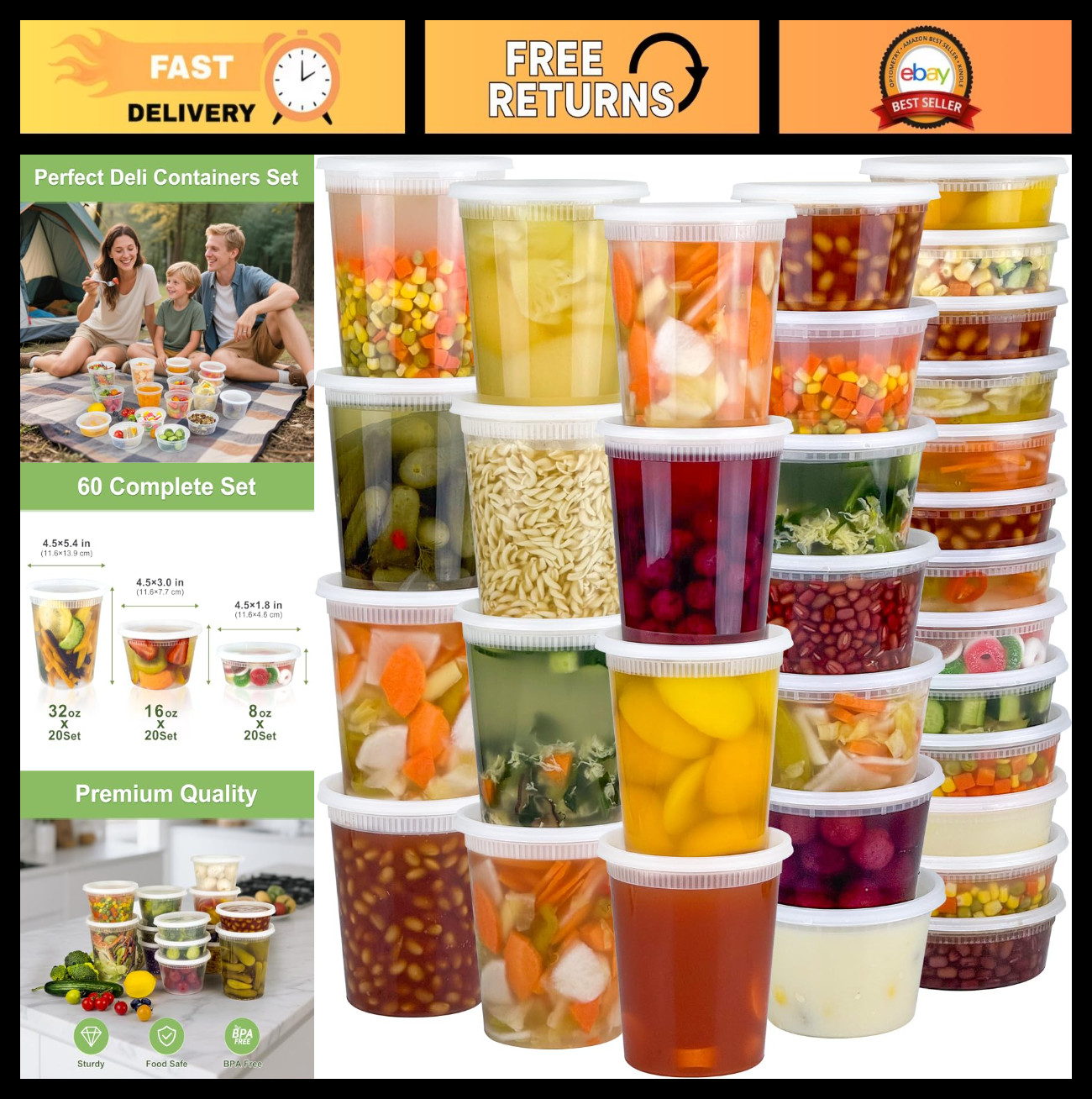 60 Sets Deli Containers 32/16/8 oz – Leak-Proof BPA Free Food Storage, Microwave
