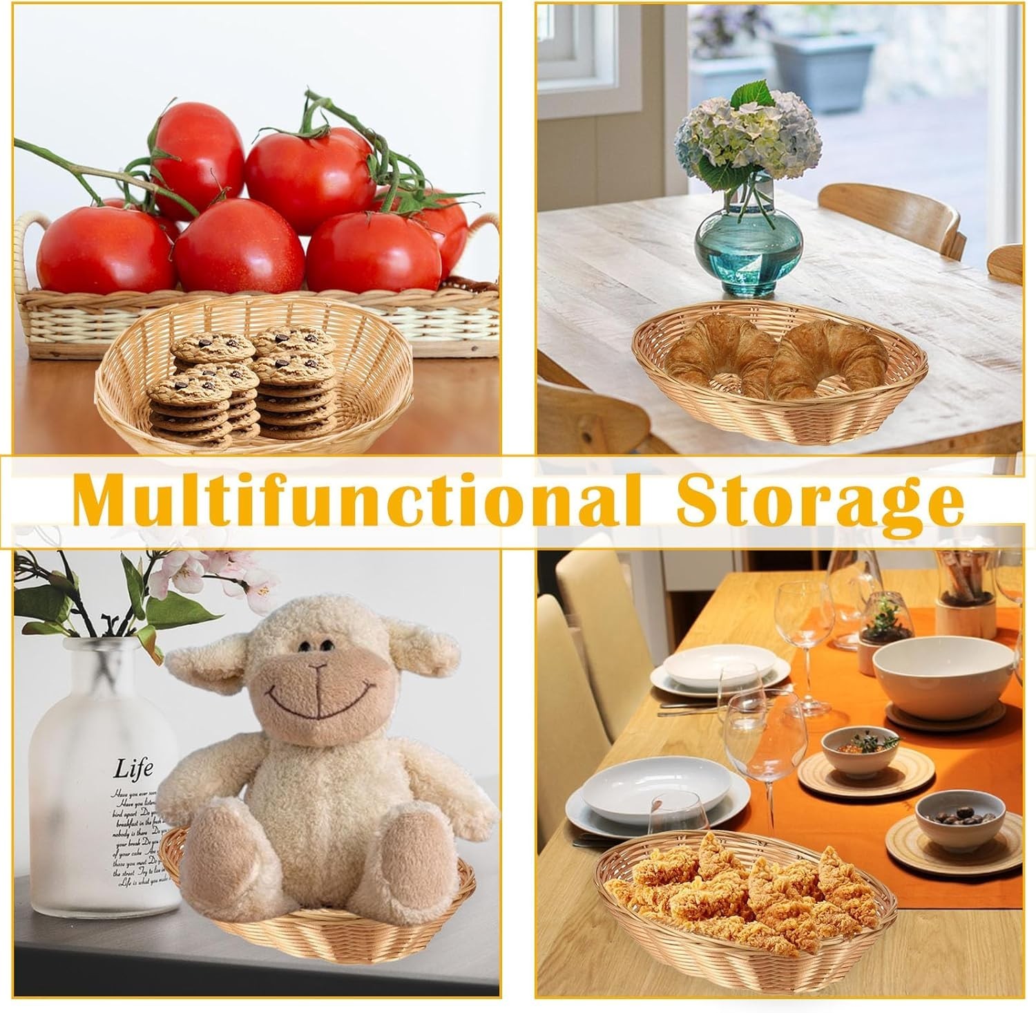 12 Pack Plastic Oval Basket Empty Bread Basket 10 x 6.25 x 3 Inch Food Storage