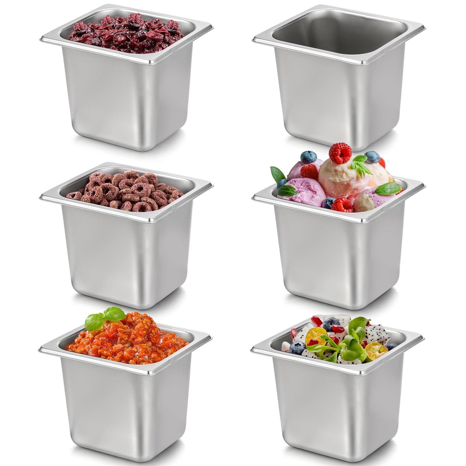 6 Pack Hotel Pans, 1/6 Size 6″ Deep Stainless Steel Steam Table Pan Commercia…