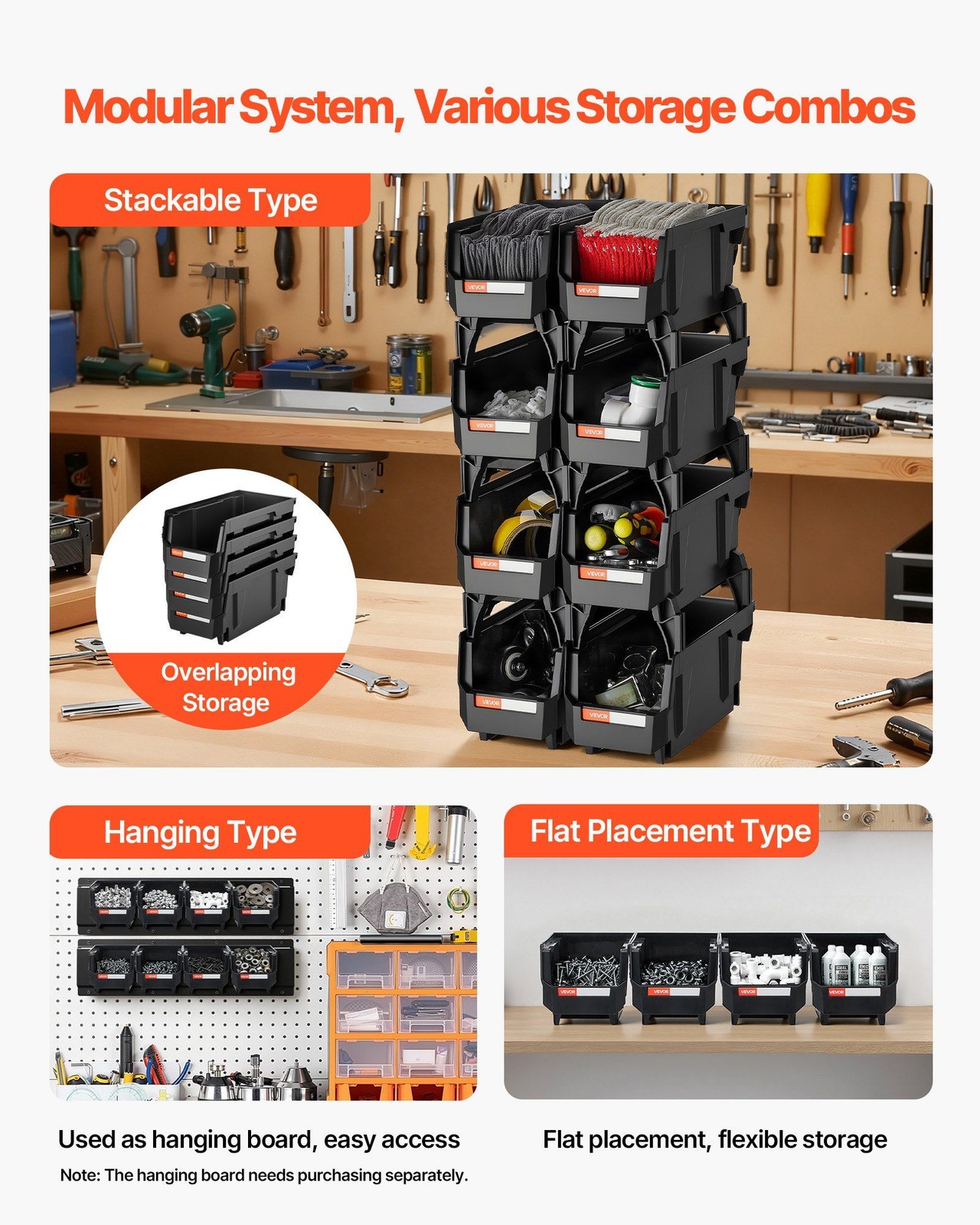 Black Stackable 10.9×5.5×5.1in 8Pack Plastic Organizer Storage Bins