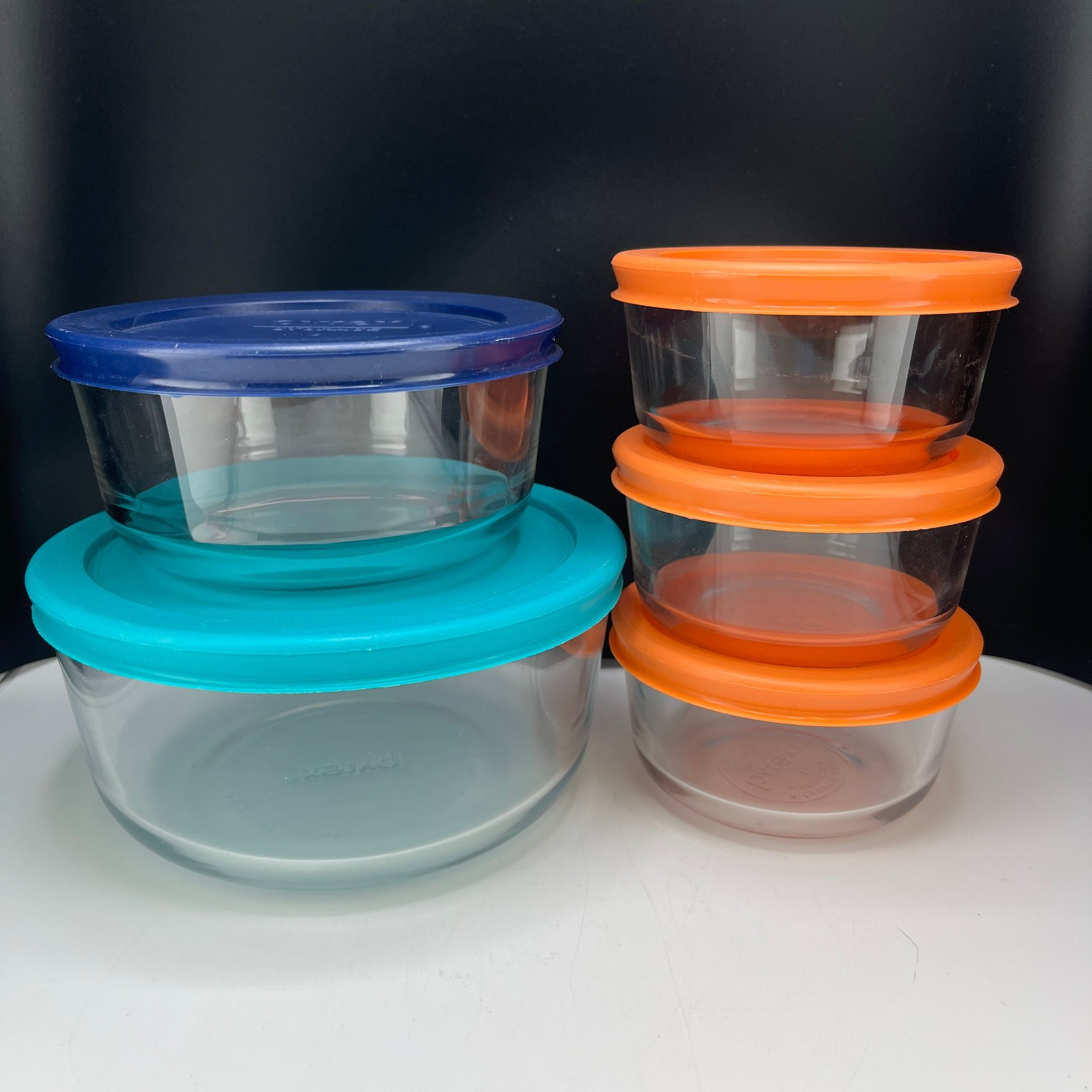 Lot of 5 Pyrex Storage Bowls Clear Three 1 cup One 2 cup and One 4 cup with Lids