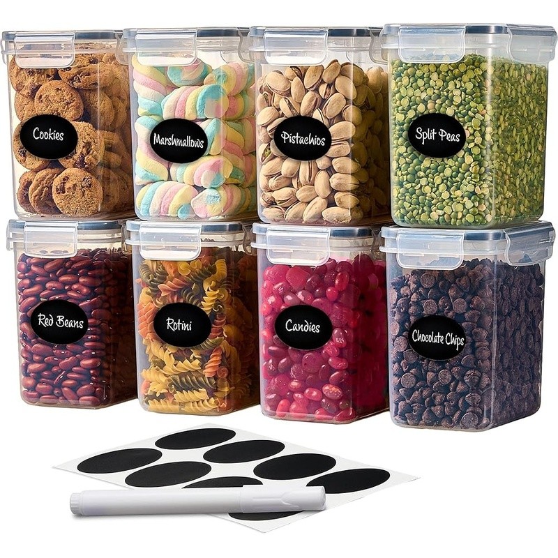 Airtight Food Storage Containers Set of 8 Stackable Pantry Organizers W/ Labels