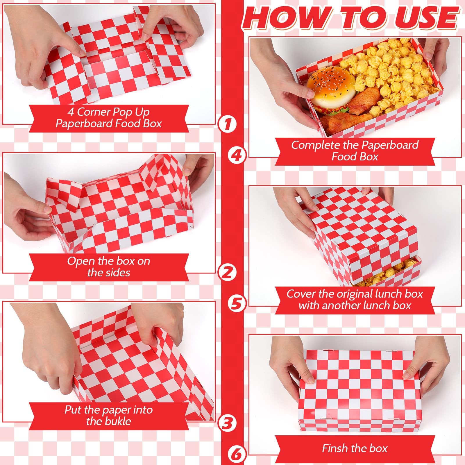 100 Pcs Disposable Red Checkered Cardboard Food Tray 8.6″ x 5.5″ x 2.3″ Paper…