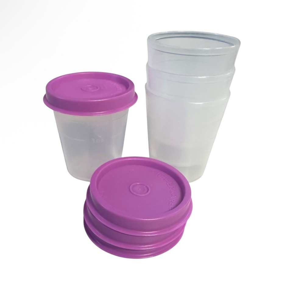 Tupperware Midget Set Of 4 Clear With Purple Lids New