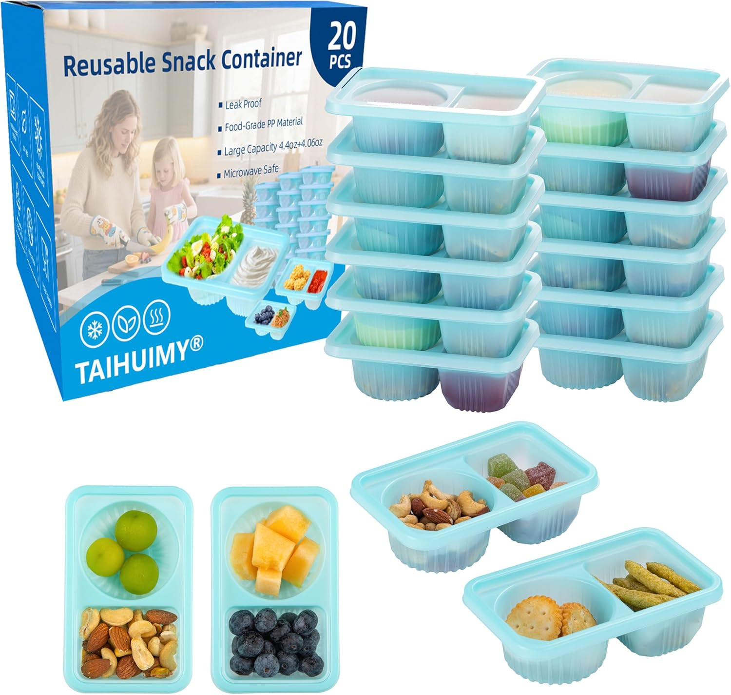 8.4 OZ Reusable Snack Containers with Lids for Kid, New 2 Compartment Large Capa