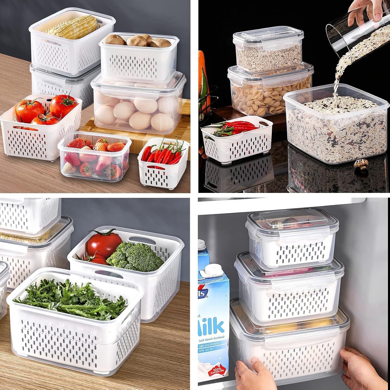 Large Fridge Food Storage Container Set with Lids with Strainer, Fruit Vegeta…