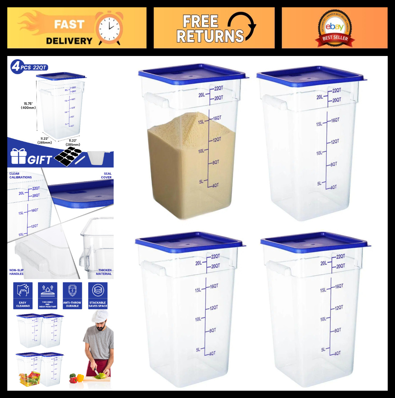 4 Pack 22 Quart Clear Food Storage Containers with Lids, NSF Certified, Square D