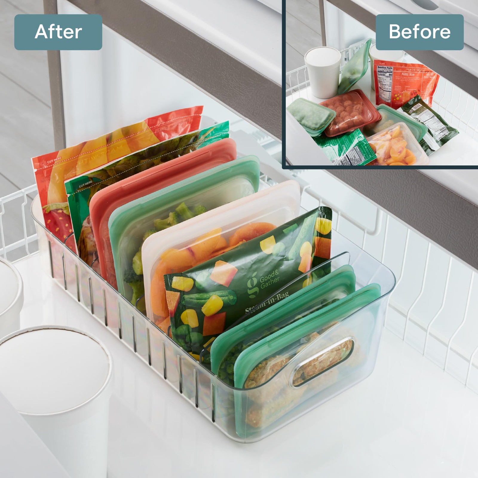 FreezeUp Freezer Bin 15″, BPA-Clear Fridge Organizer with Adjustable Dividers.