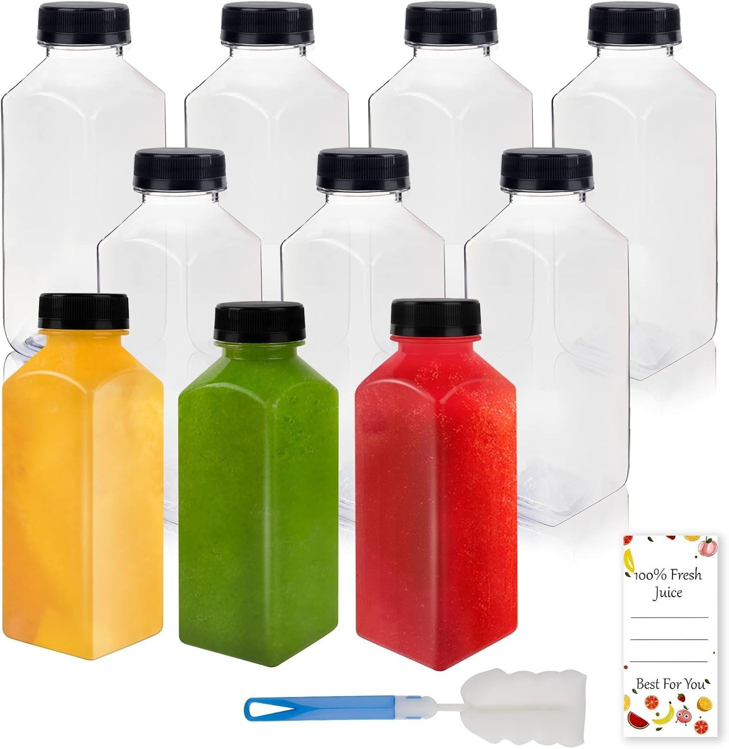 10 Pcs 12Oz Plastic Juice Bottles with Caps, Reusable Food Grade Chear Juice Con