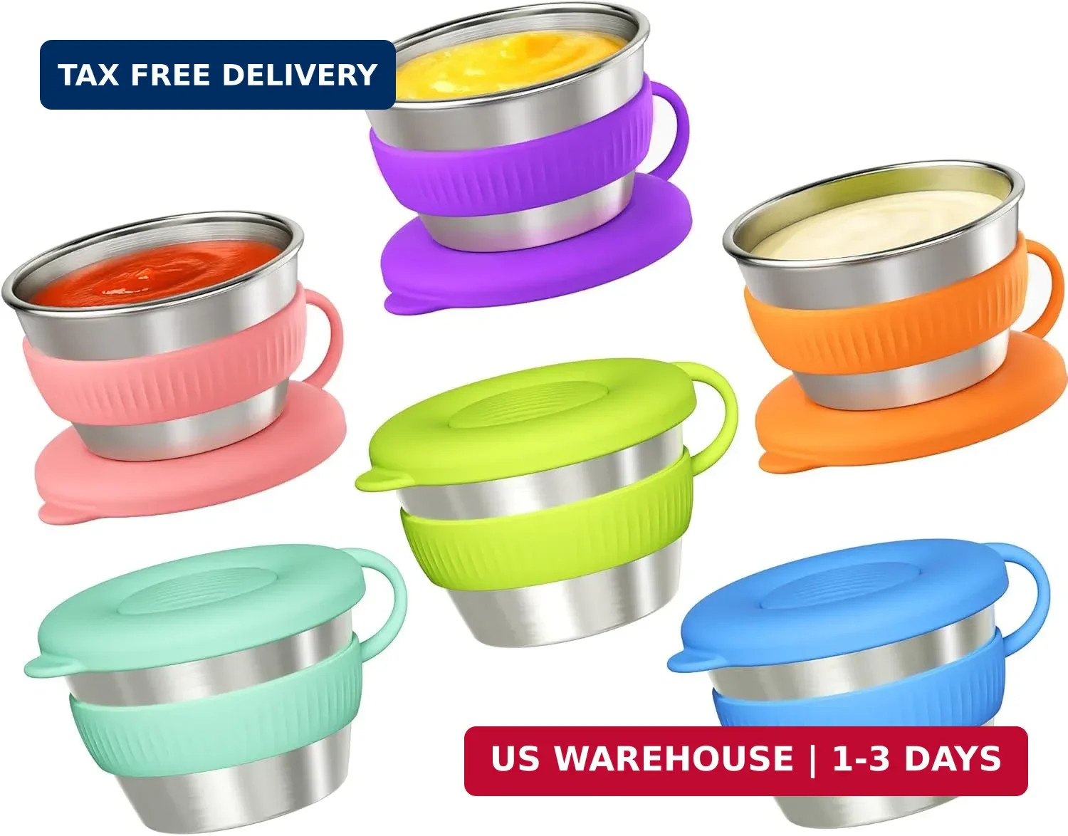 Stainless Steel Salad Dressing Sauce Cups Set of 6 Leakproof Silicone Lids 2.4oz