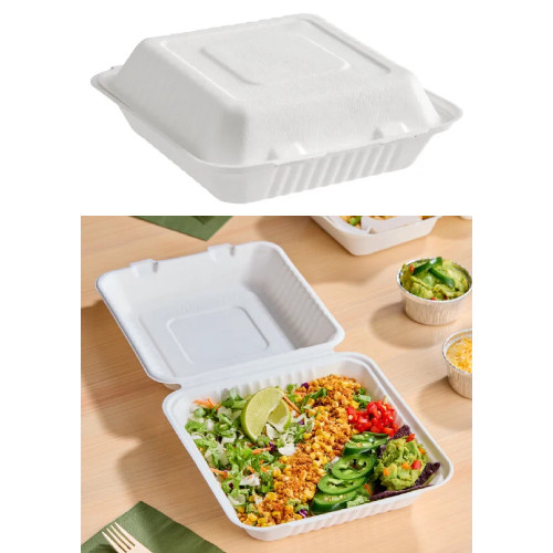 Compostable Bagasse Clamshell Food Container Takeout Box 9″ x 9″ x 3″