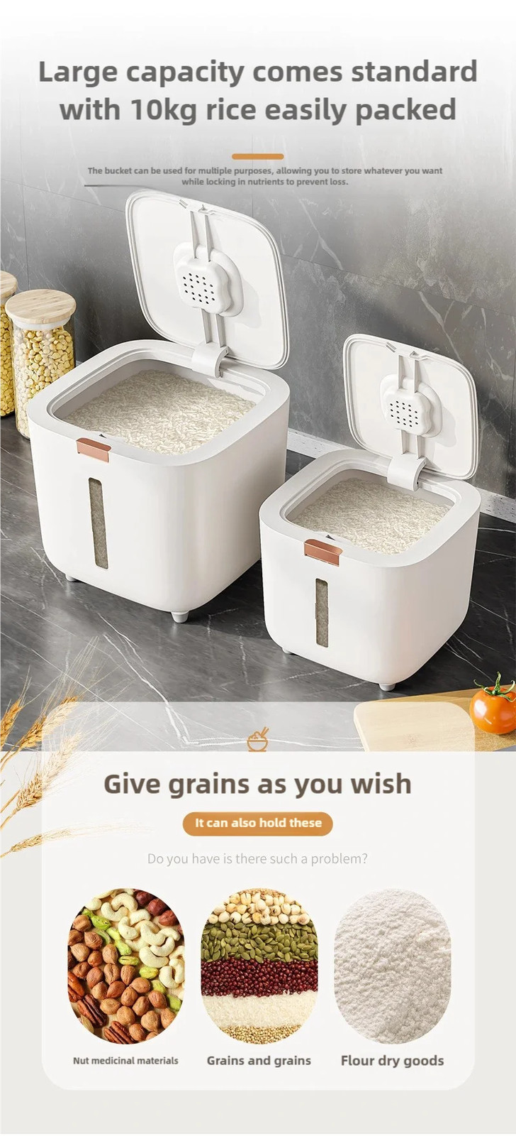 Rice Storage Container Kitchen Flour Food Dispenser Box Grain Sealed Organizer