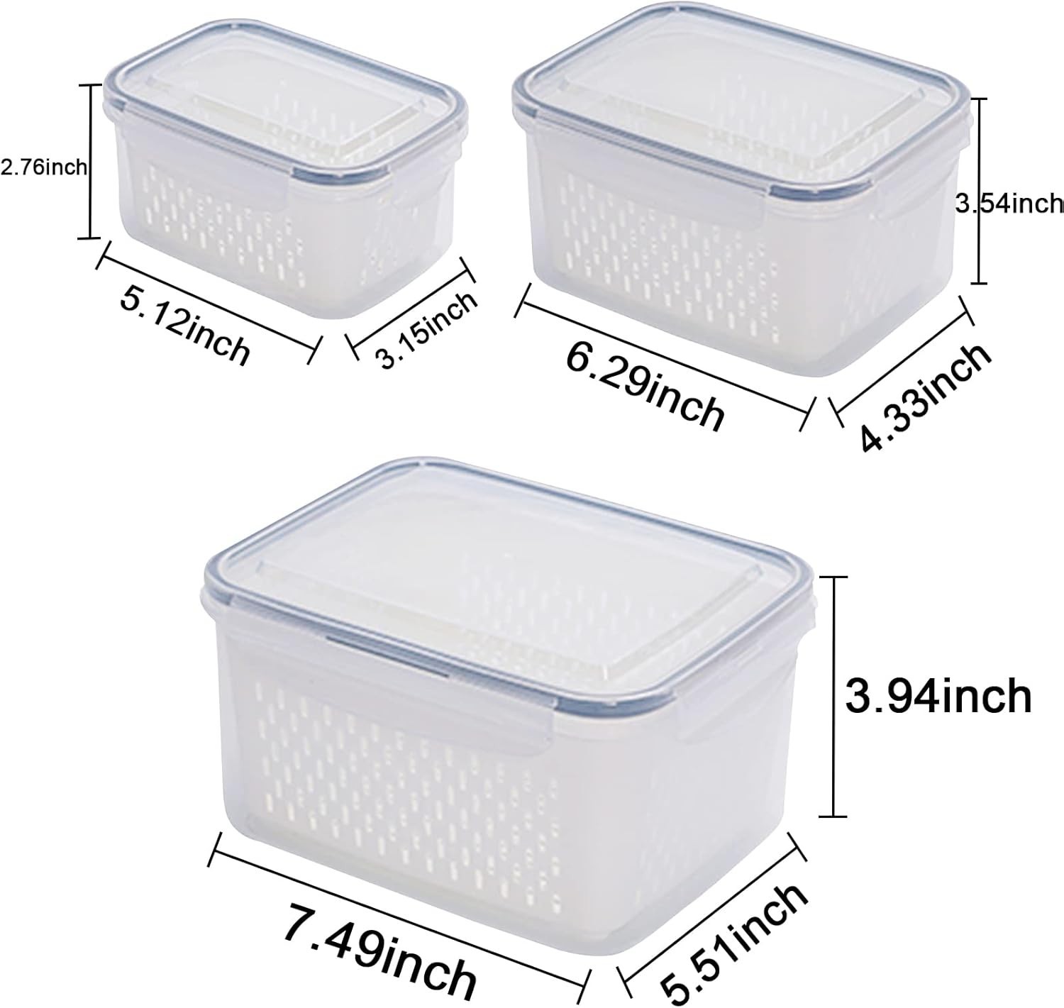 3Pack Fridge Food Storage Container Set with Lids with Strainer,Plastic Fresh…
