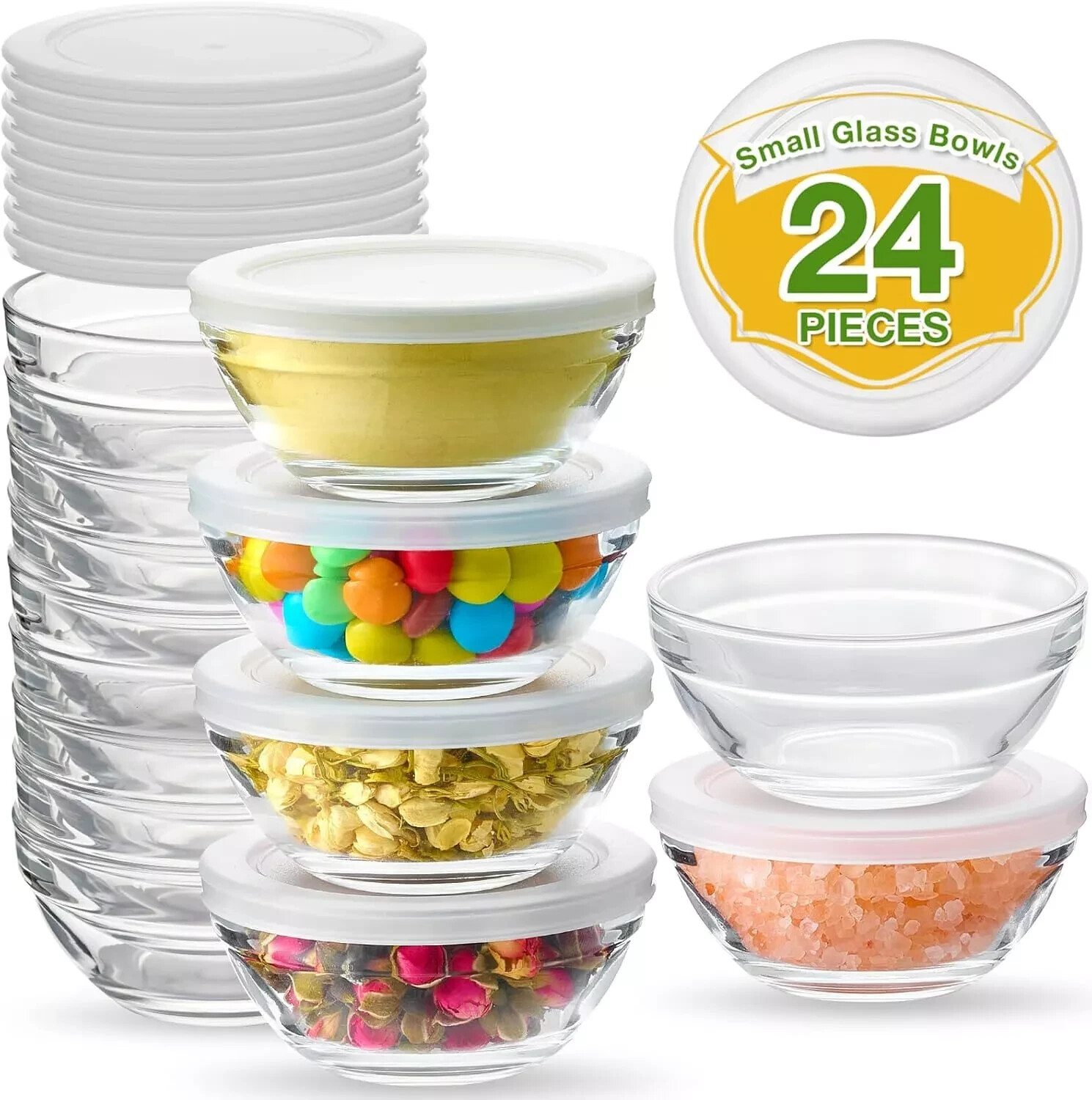 12 Pack 3.5 Inch Small Glass Bowls with 12 Lids, 4 oz Mini Clear
