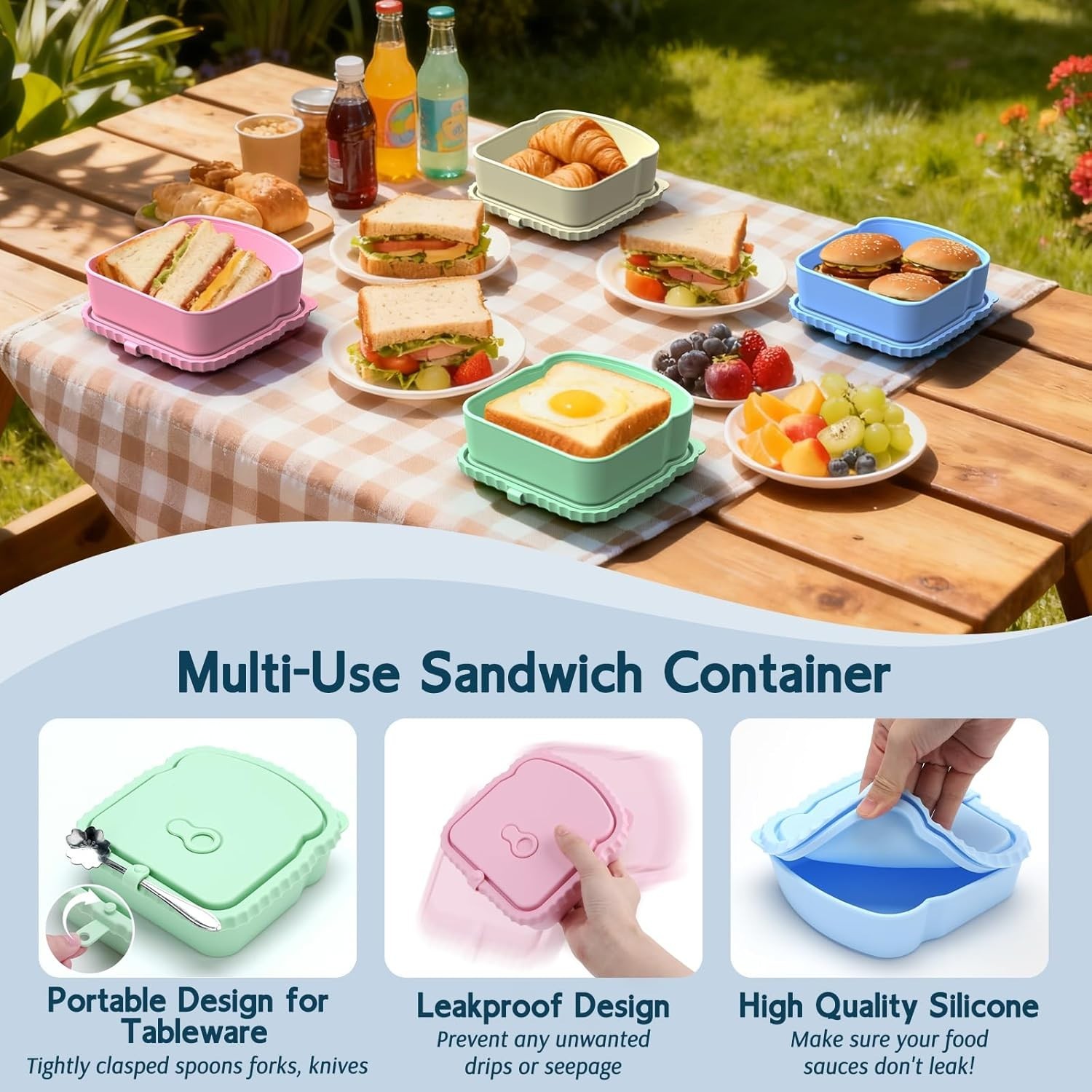 4 Pack Reusable Silicone Sandwich Containers Leak-Proof Lunch Boxes Pink Blue…