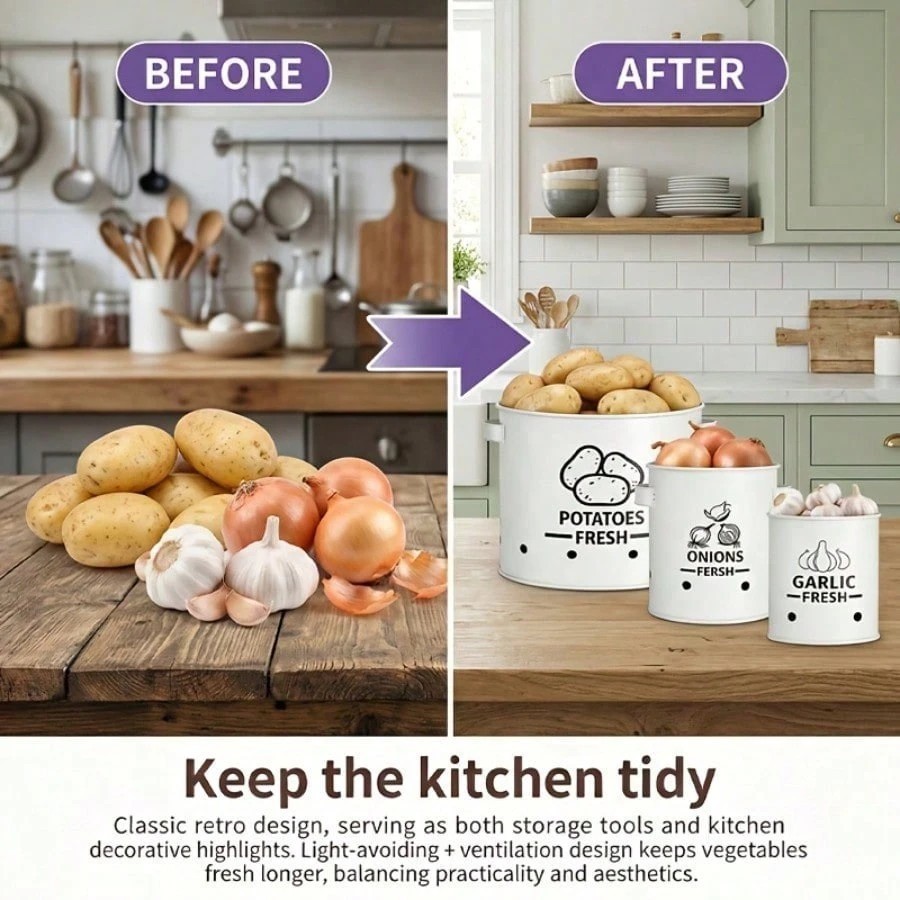 3Pcs Potato Onion Garlic Storage Bin Set Metal Kitchen Pantry Organizer Canister