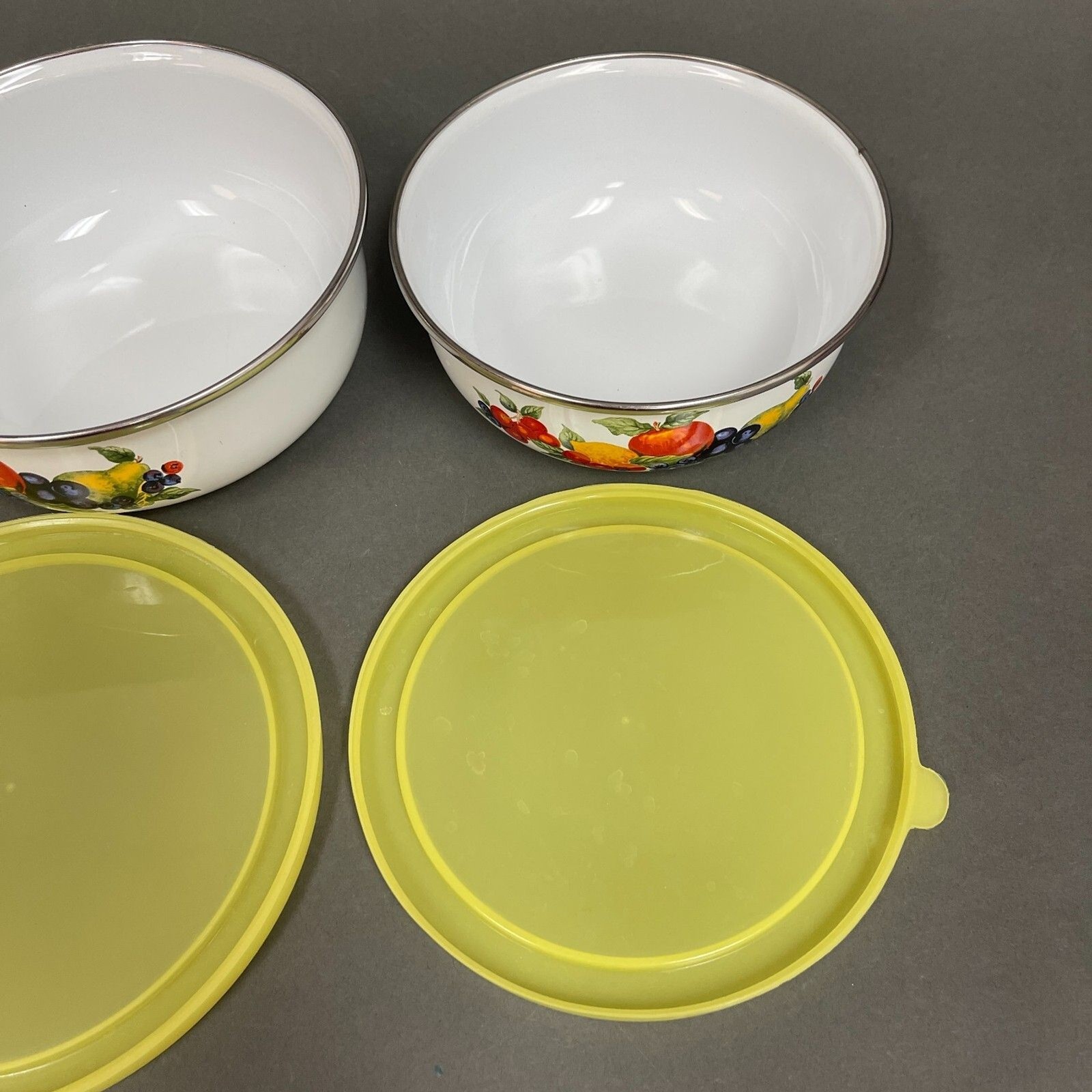 Food Storage Containers with Yellow Lids Fruits White Lot of 2