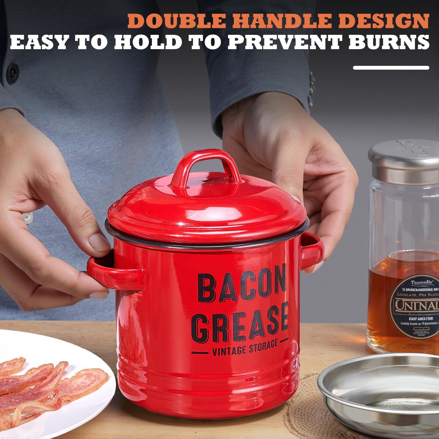 Bacon Grease Container with Strainer – Large 46OZ Red Kitchen Oil Storage Can…