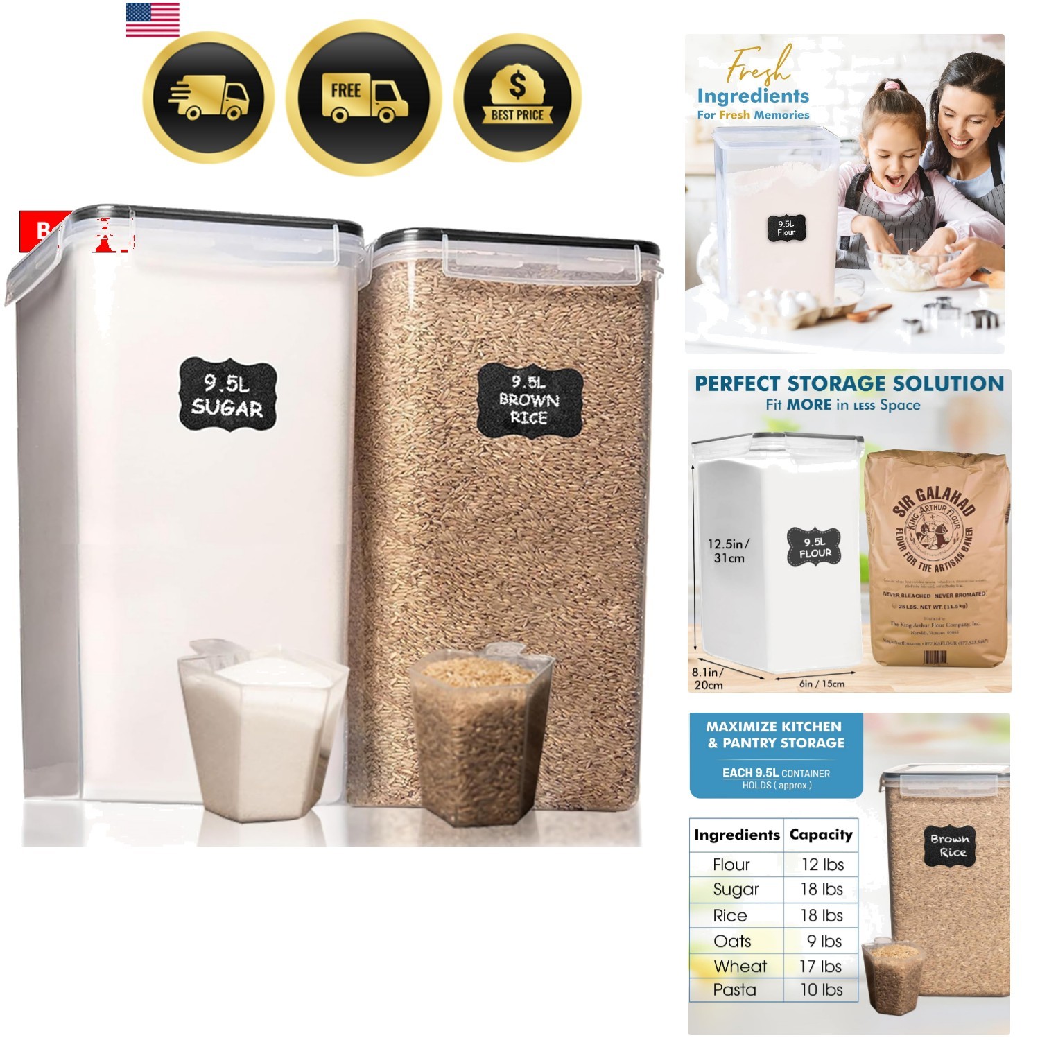 2 PC 9.5L | 321 Oz Extra Large Bulk Food Storage Containers with Airtight Lid…