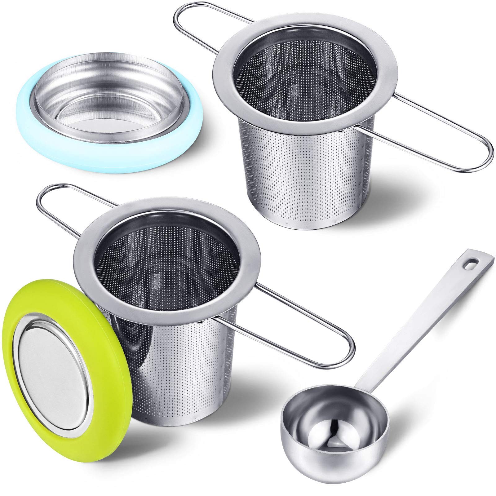 2 Pieces Tea Infusers Stainless Steel Strainer Folding Handle Blue and Green