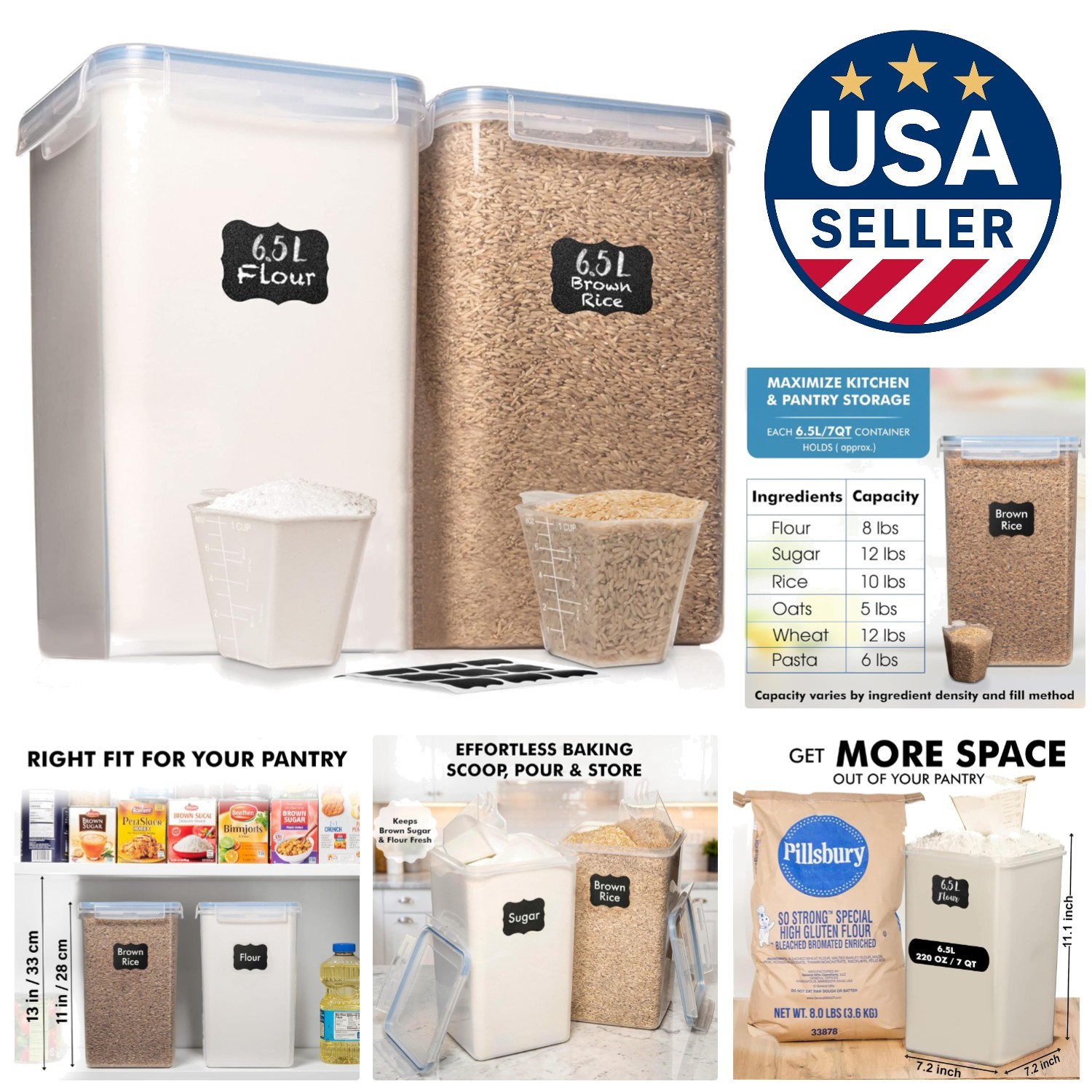 Stackable BPA-Free Food Storage Containers – 220 Oz, 2 Pack with Measuring Cups