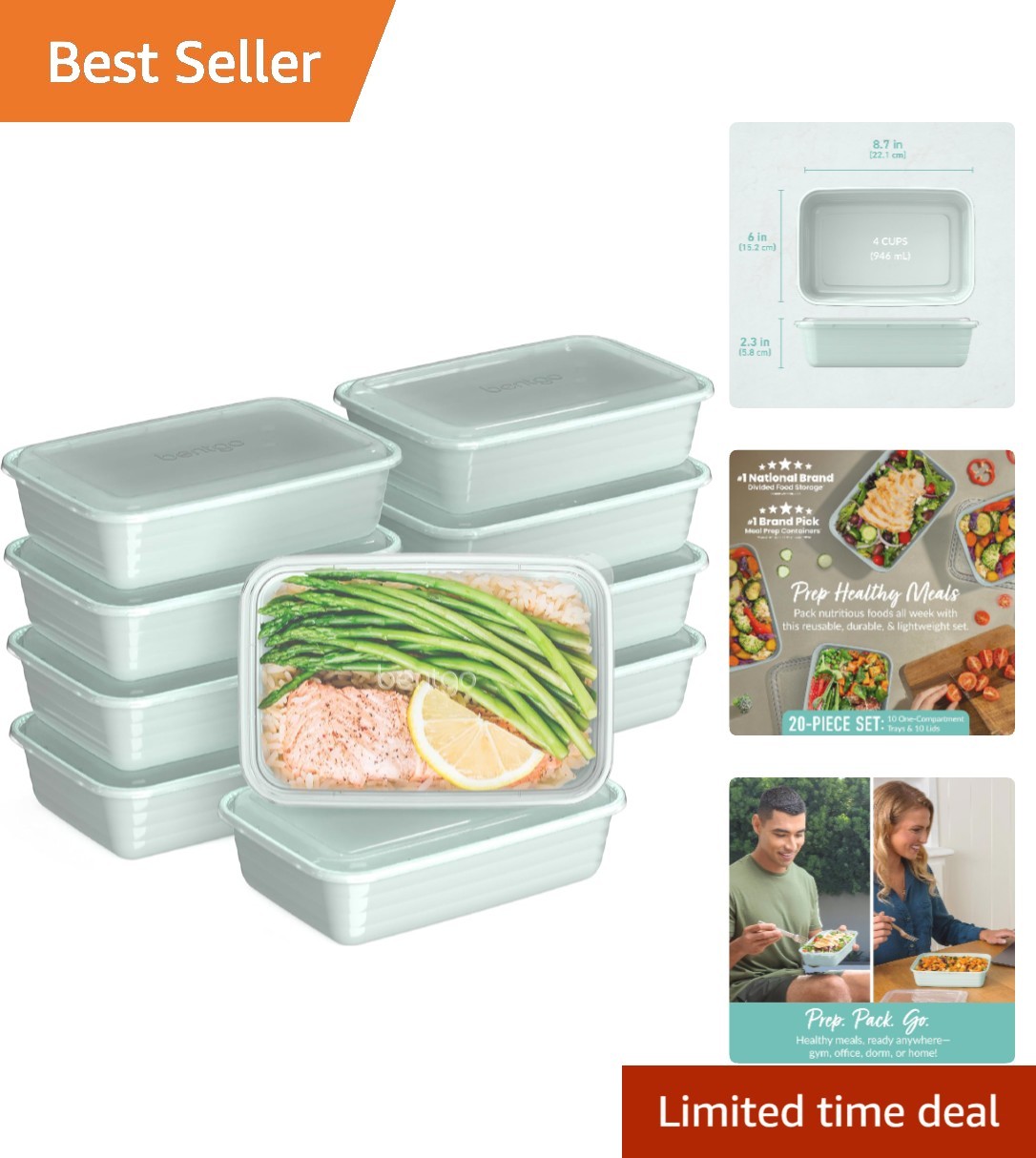 Reusable 1-Compartment Meal Prep Containers, 20-Pack Mint – Portion Control