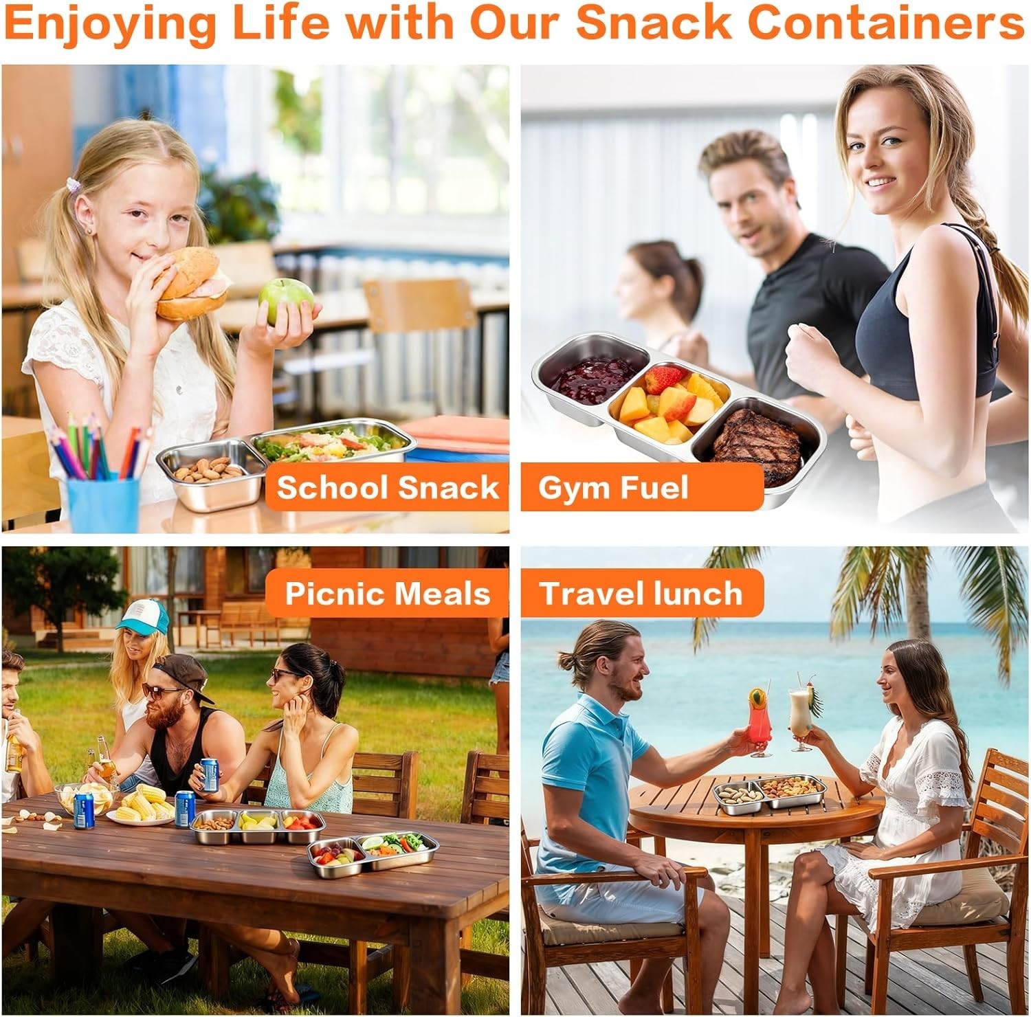 4 Pack Stainless Steel Snack Containers with Lids, 3-Compartments Reusable Lu…
