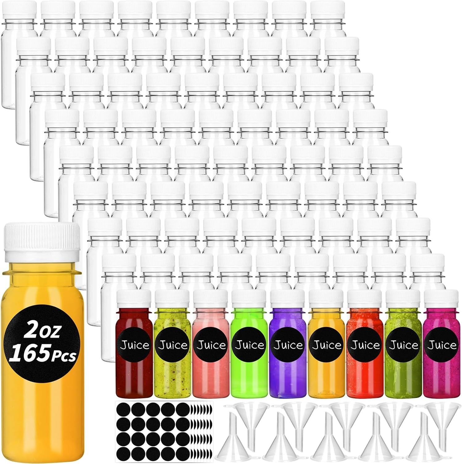UZLU 165 Pcs 2 oz Small Plastic Juice Bottles with White Caps 2 oz,