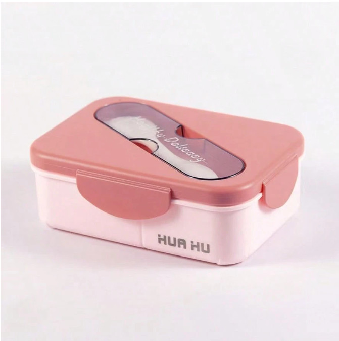 1Pc Bento Lunch Box With 2 Compartments & Cutlery – Reusable Microwave Safe
