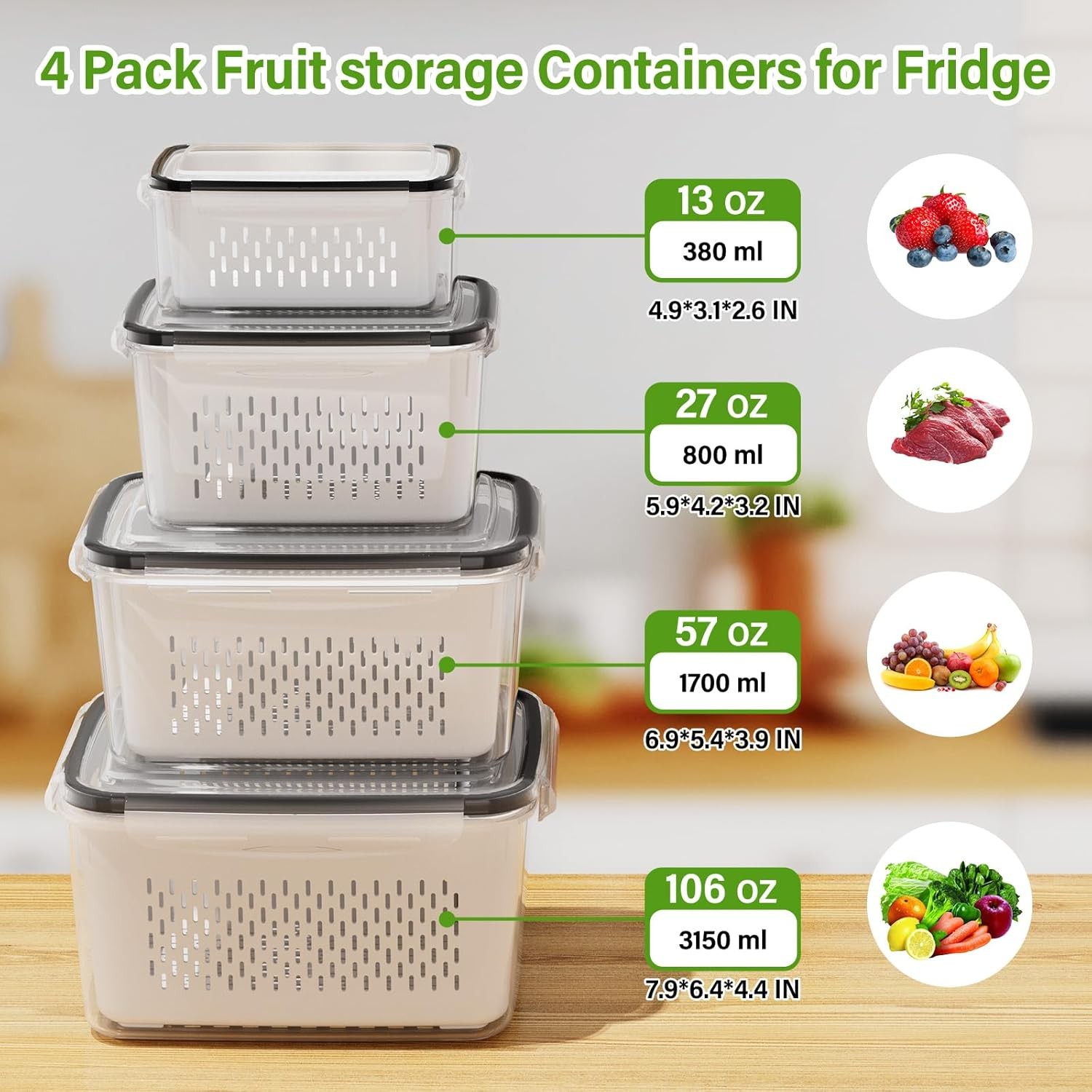 4 PCS Fruit Storage Containers Fridge Produce Containers Fridge W/ Removable