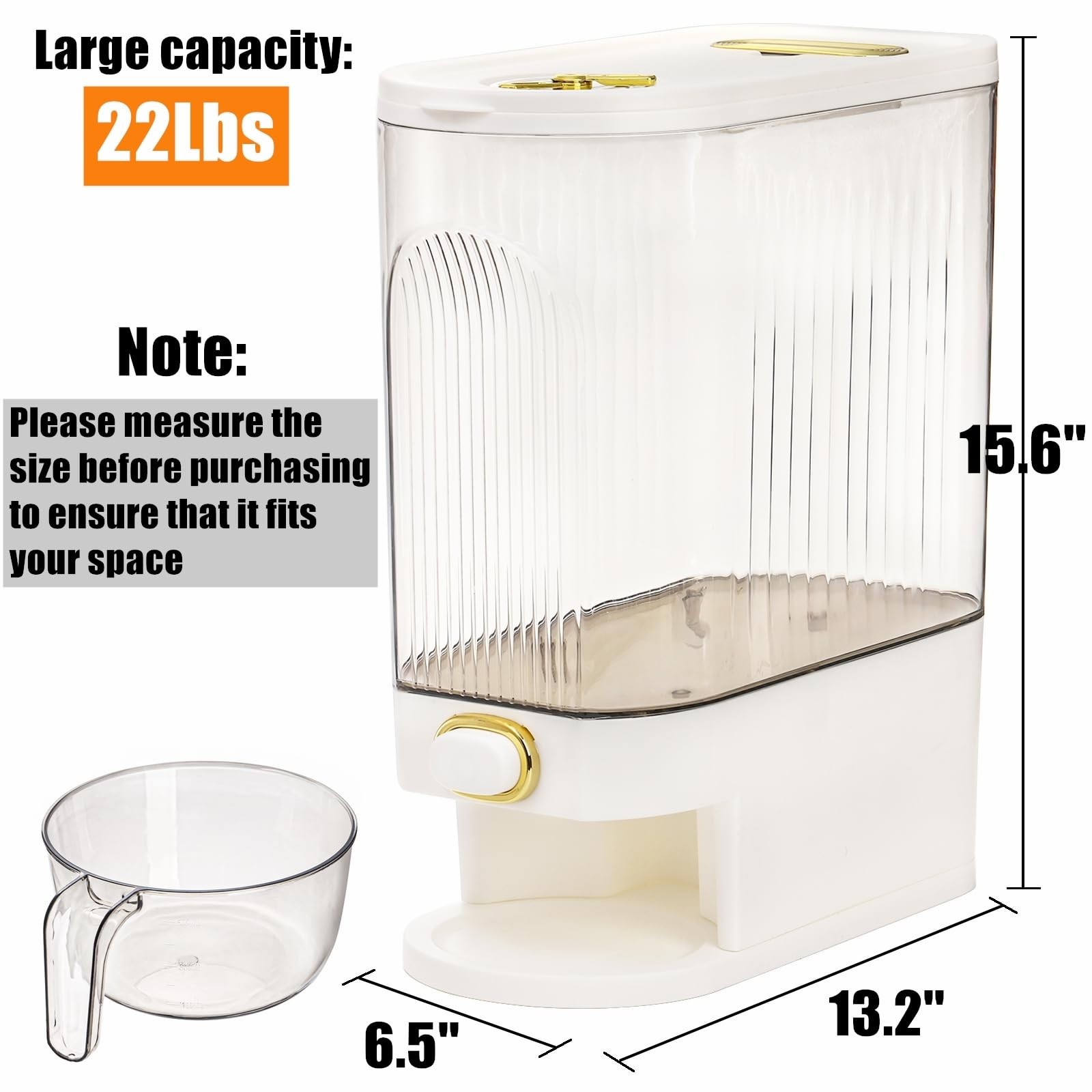 Clear Rice Holder Dispenser, 22 Lbs Large Grain Storage Container with Measur…
